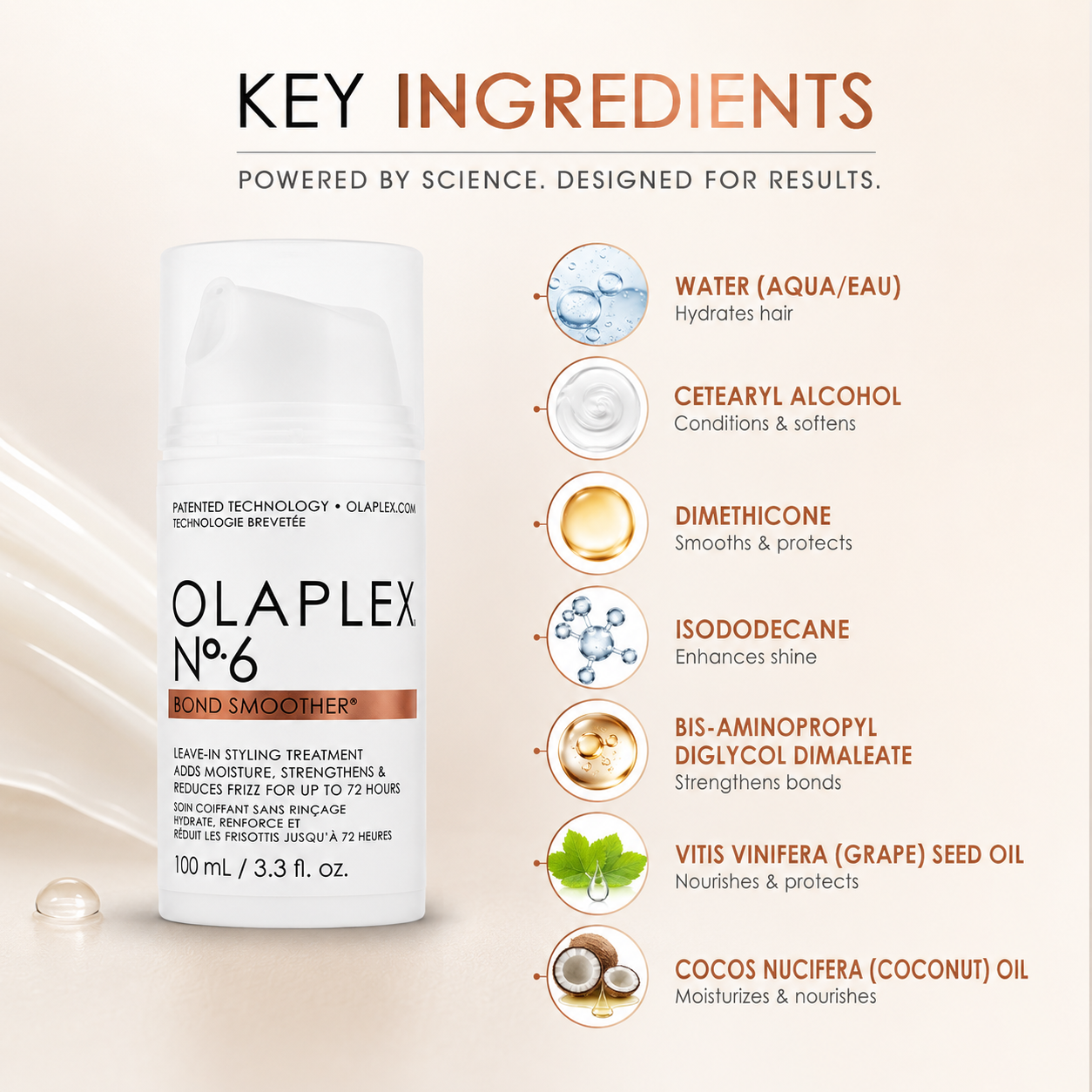 OLAPLEX No.6 Bond Smoother Leave-In Hair Treatment 100ml bottle for frizz control, smoothing flyaways, and strengthening damaged hair.