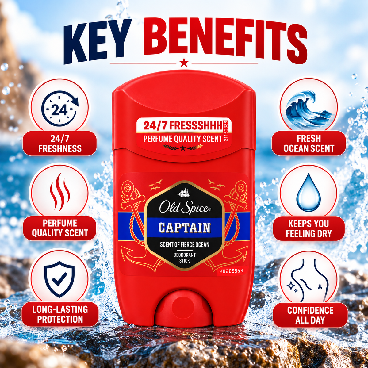 Old Spice Captain Scent of Fierce Ocean Deodorant Stick for 24/7 freshness and everyday underarm odor control