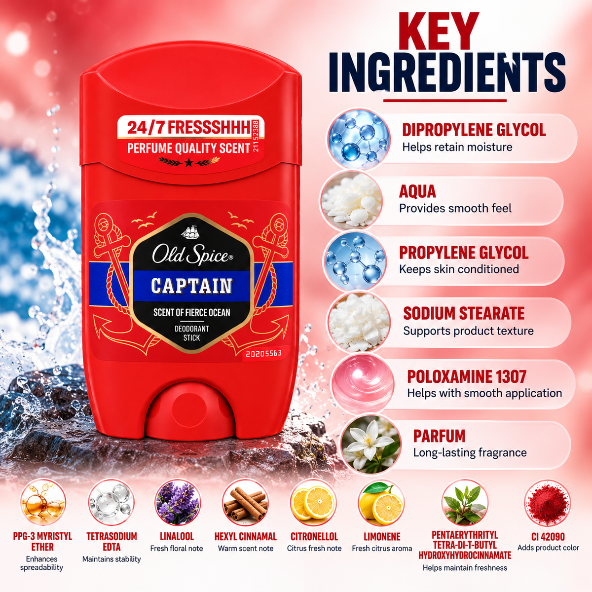 Old Spice Captain Scent of Fierce Ocean Deodorant Stick for 24/7 freshness and everyday underarm odor control