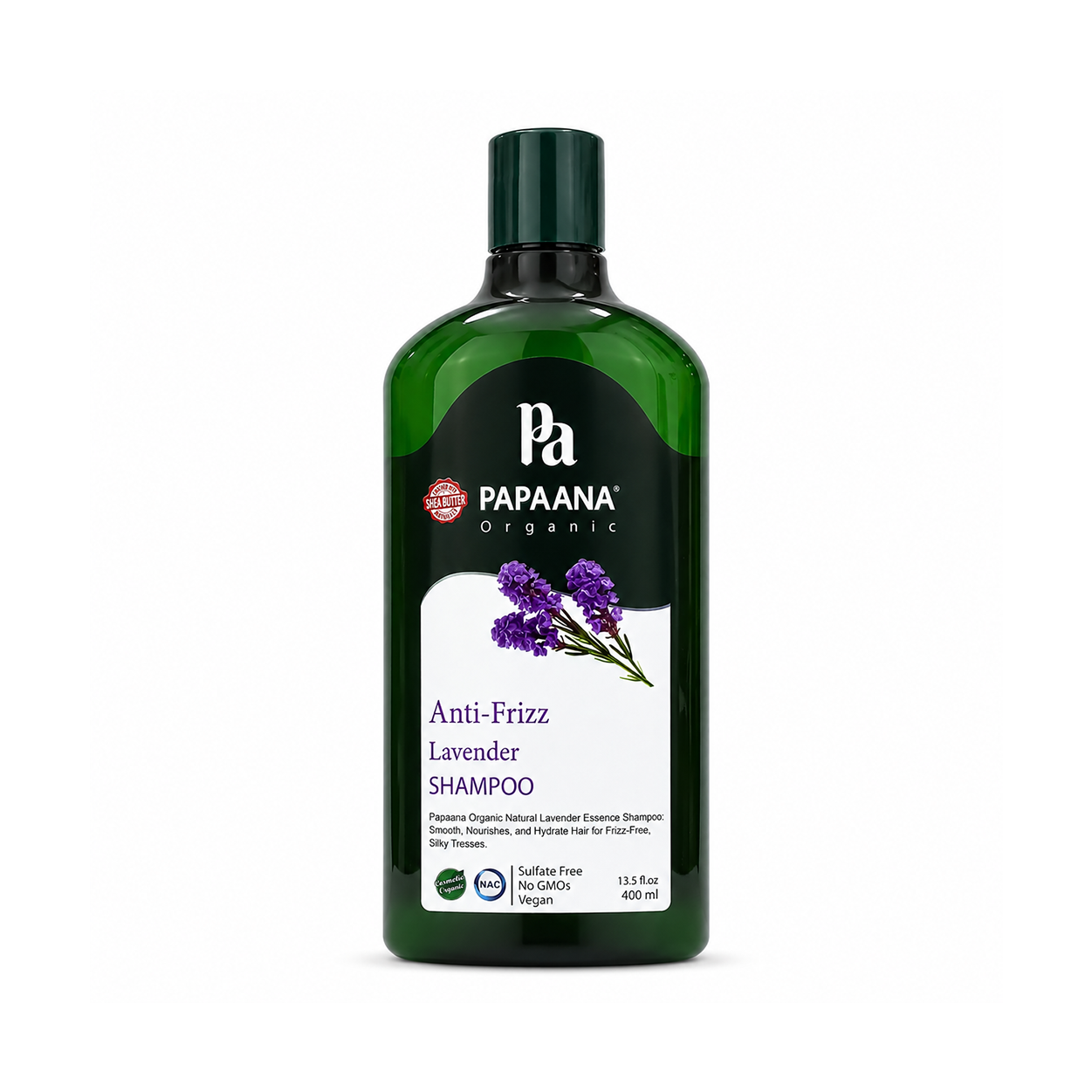 PAPAANA Organic Anti-Frizz Lavender Shampoo 400ml sulfate-free shampoo for frizzy hair, helping smooth, soften and nourish hair.