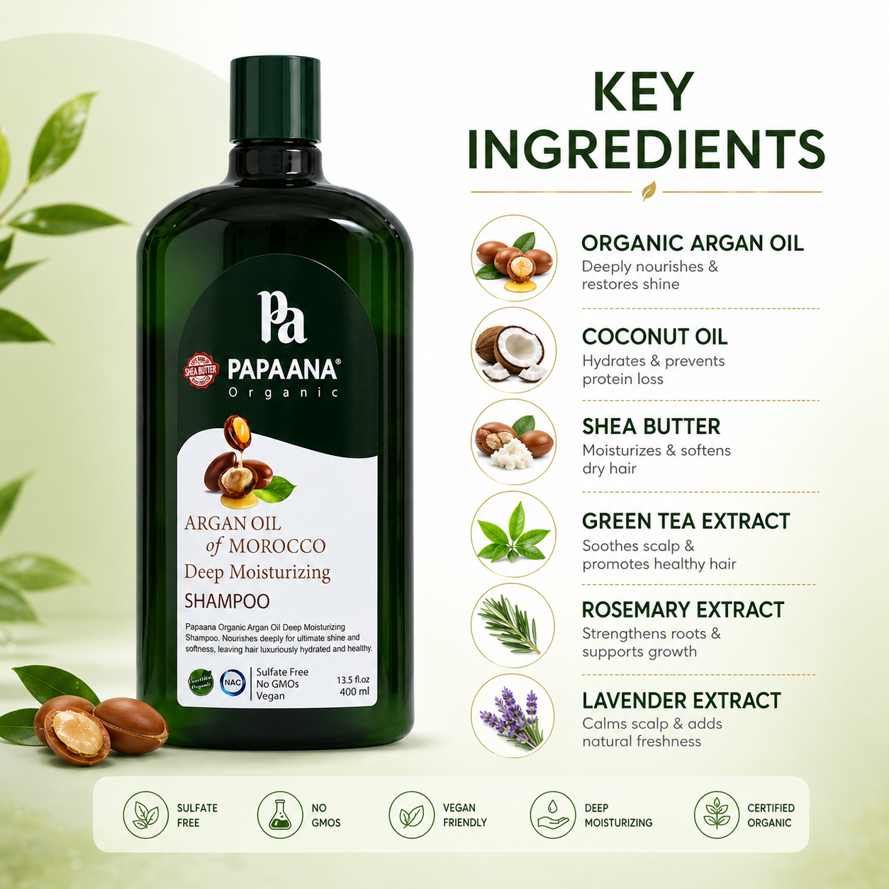 PAPAANA Organic Argan Oil Of Morocco Deep Moisturizing Shampoo 400ml, sulfate-free moisturizing shampoo for dry and damaged hair care.