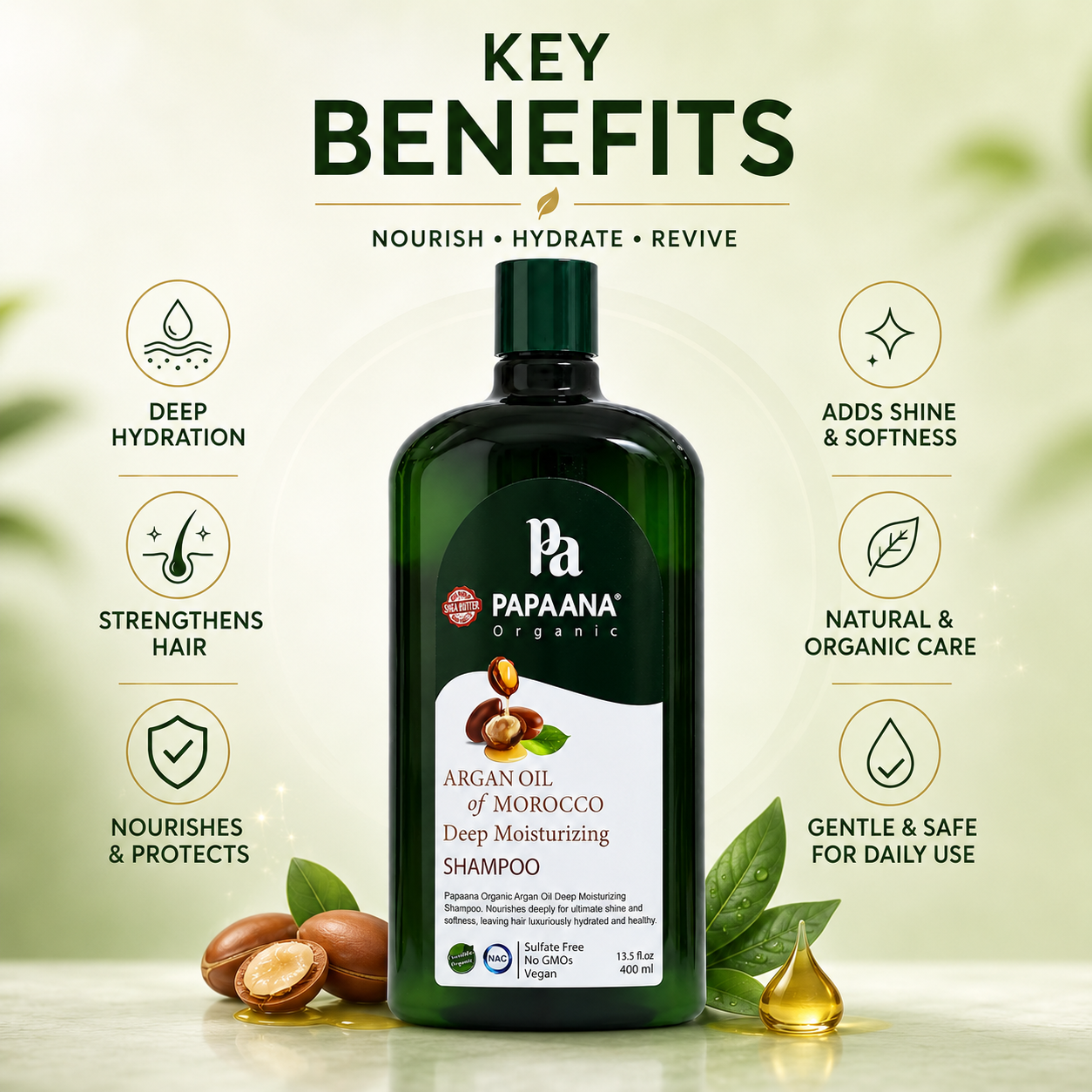 PAPAANA Organic Argan Oil Of Morocco Deep Moisturizing Shampoo 400ml, sulfate-free moisturizing shampoo for dry and damaged hair care.