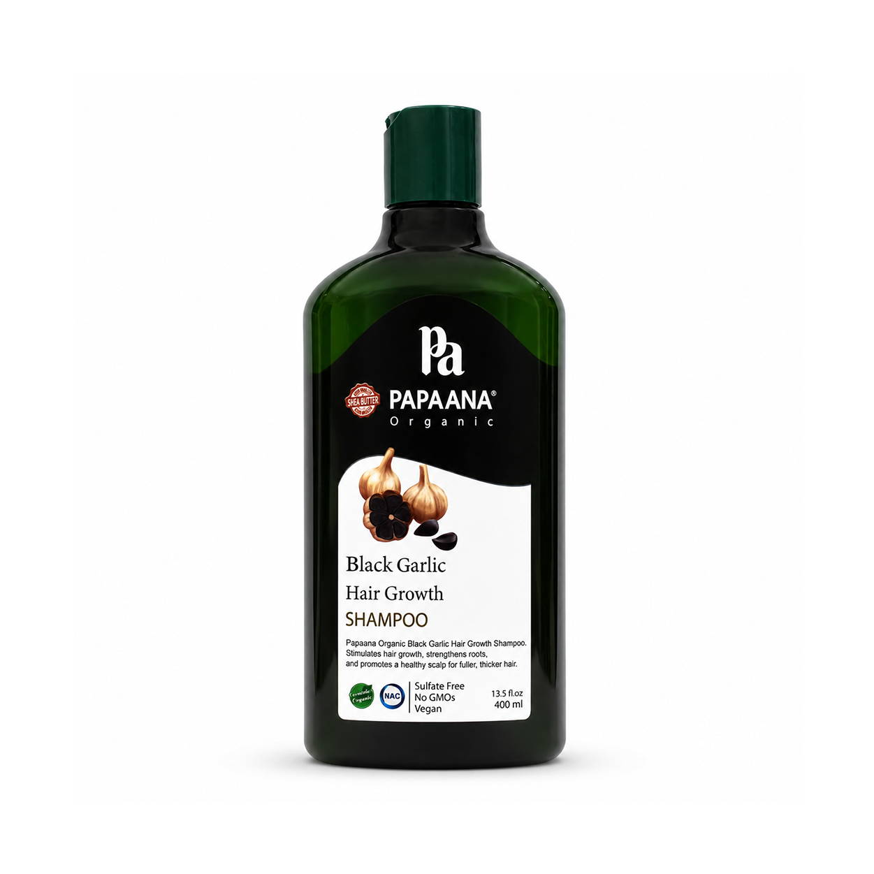 PAPAANA Organic Black Garlic Hair Growth Shampoo 400ml sulfate-free hair growth shampoo that helps strengthen roots and support thicker-looking hair.
