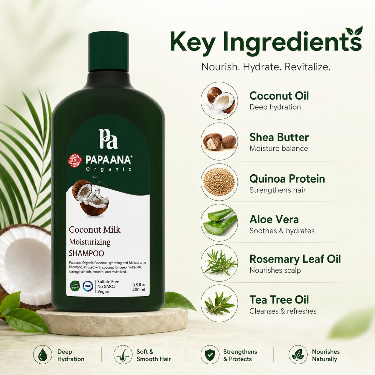 PAPAANA Organic Coconut Milk Moisturizing Shampoo 400ml sulfate-free moisturizing shampoo for dry hair hydration and softness enhancement.