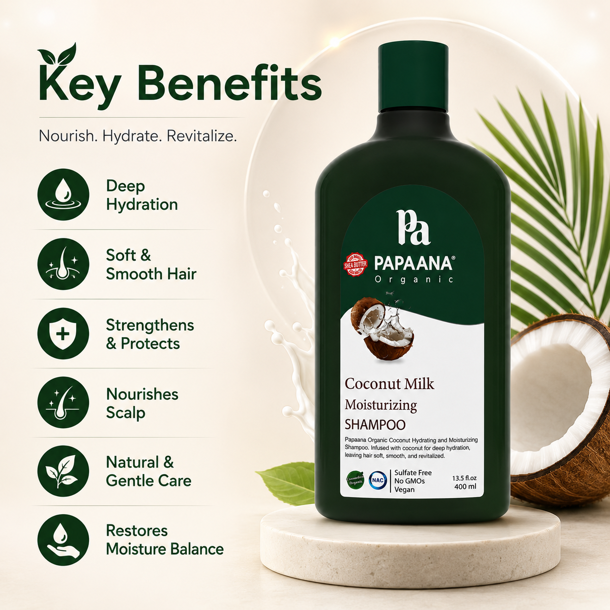 PAPAANA Organic Coconut Milk Moisturizing Shampoo 400ml sulfate-free moisturizing shampoo for dry hair hydration and softness enhancement.