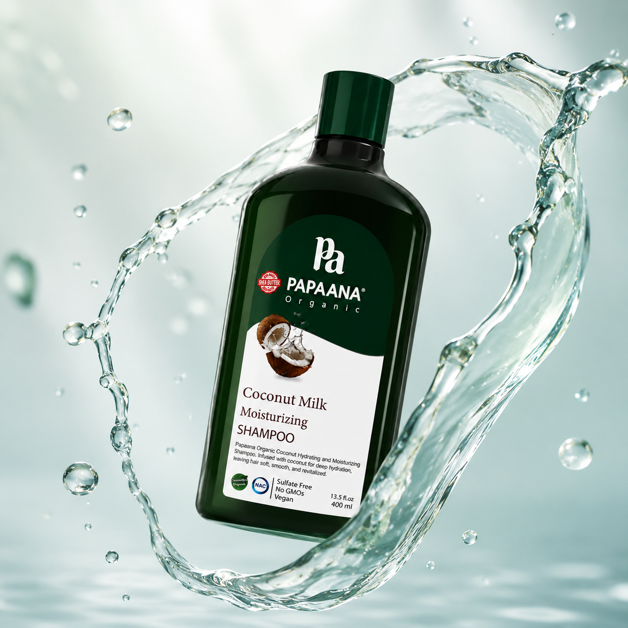 PAPAANA Organic Coconut Milk Moisturizing Shampoo 400ml sulfate-free moisturizing shampoo for dry hair hydration and softness enhancement.