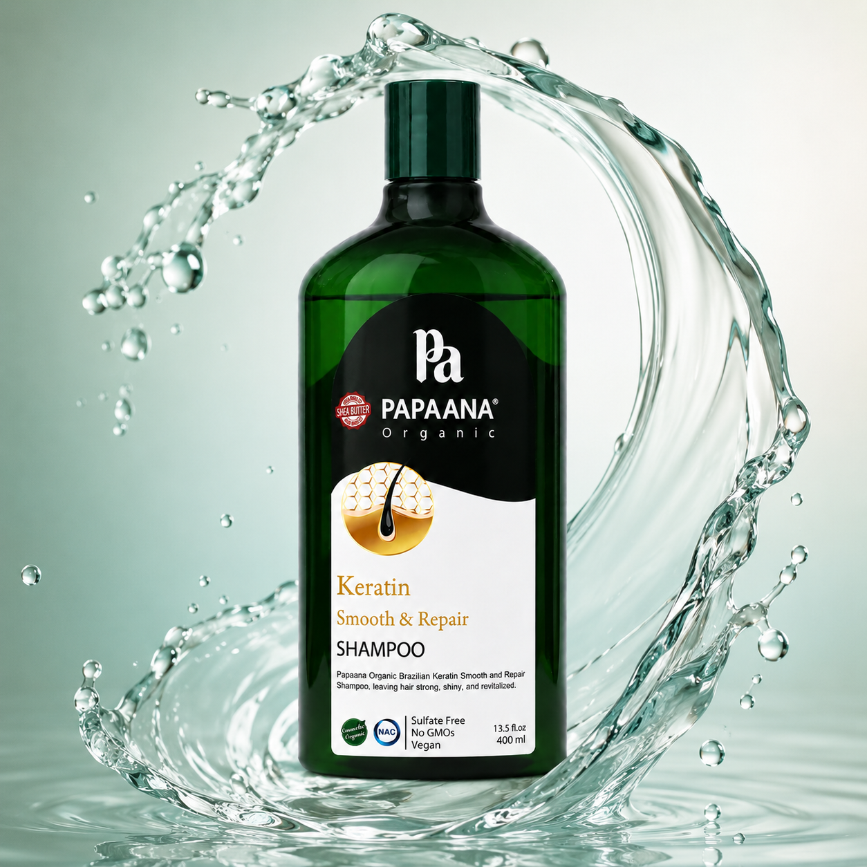 PAPAANA Organic Keratin Smooth & Repair Shampoo 400ml keratin repair shampoo for damaged frizzy hair with smoothing and strengthening benefits.