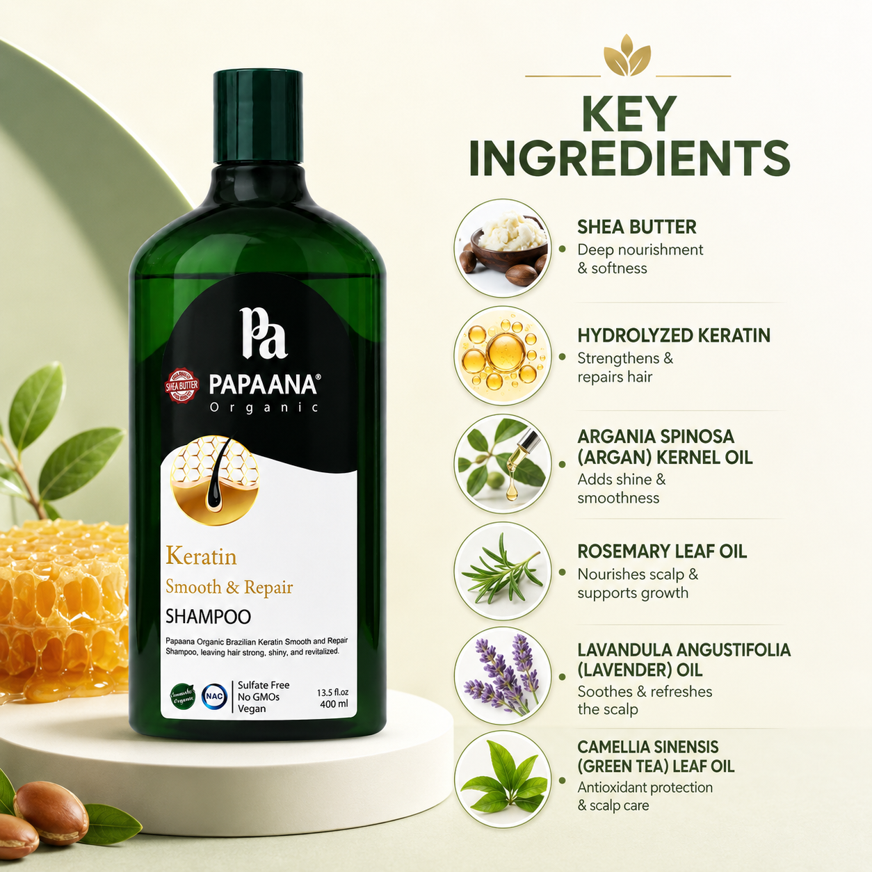PAPAANA Organic Keratin Smooth & Repair Shampoo 400ml keratin repair shampoo for damaged frizzy hair with smoothing and strengthening benefits.