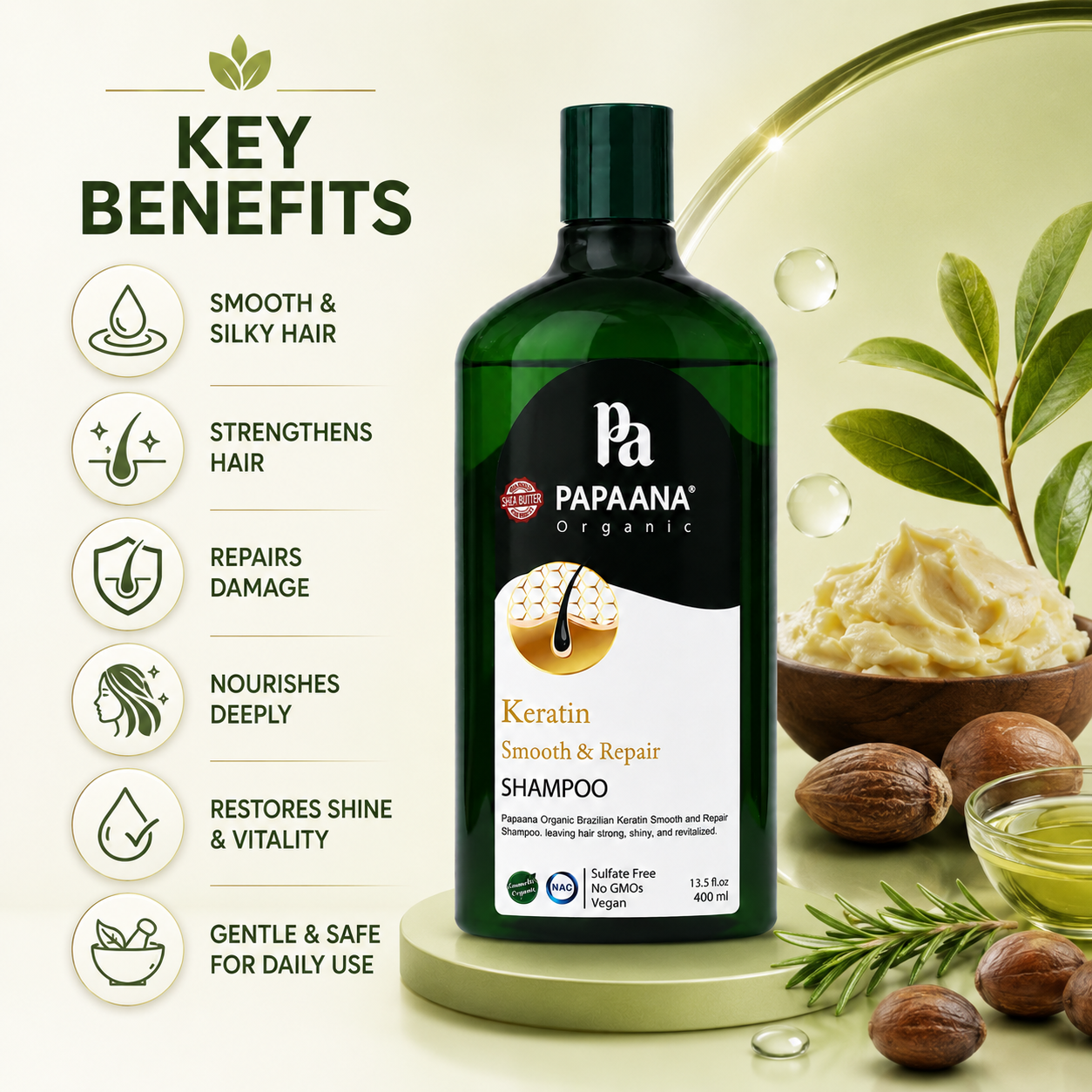 PAPAANA Organic Keratin Smooth & Repair Shampoo 400ml keratin repair shampoo for damaged frizzy hair with smoothing and strengthening benefits.