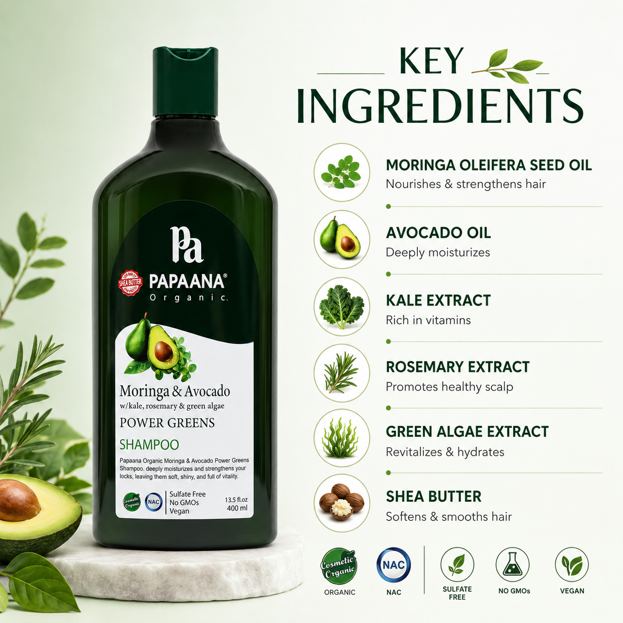 PAPAANA Organic Moringa & Avocado Power Greens Shampoo 400ml strengthening shampoo for dry, weak hair with nourishing botanical oils.
