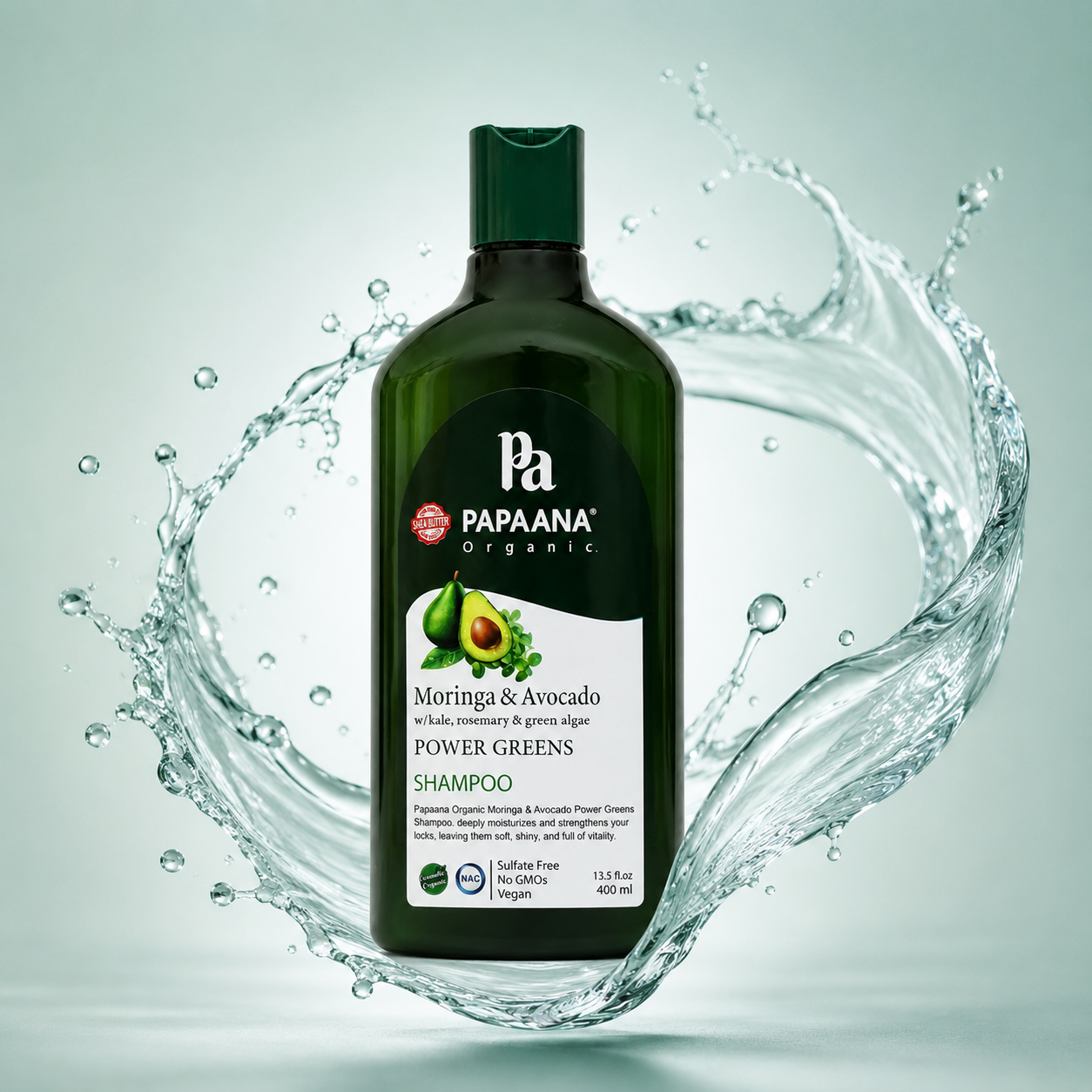 PAPAANA Organic Moringa & Avocado Power Greens Shampoo 400ml strengthening shampoo for dry, weak hair with nourishing botanical oils.