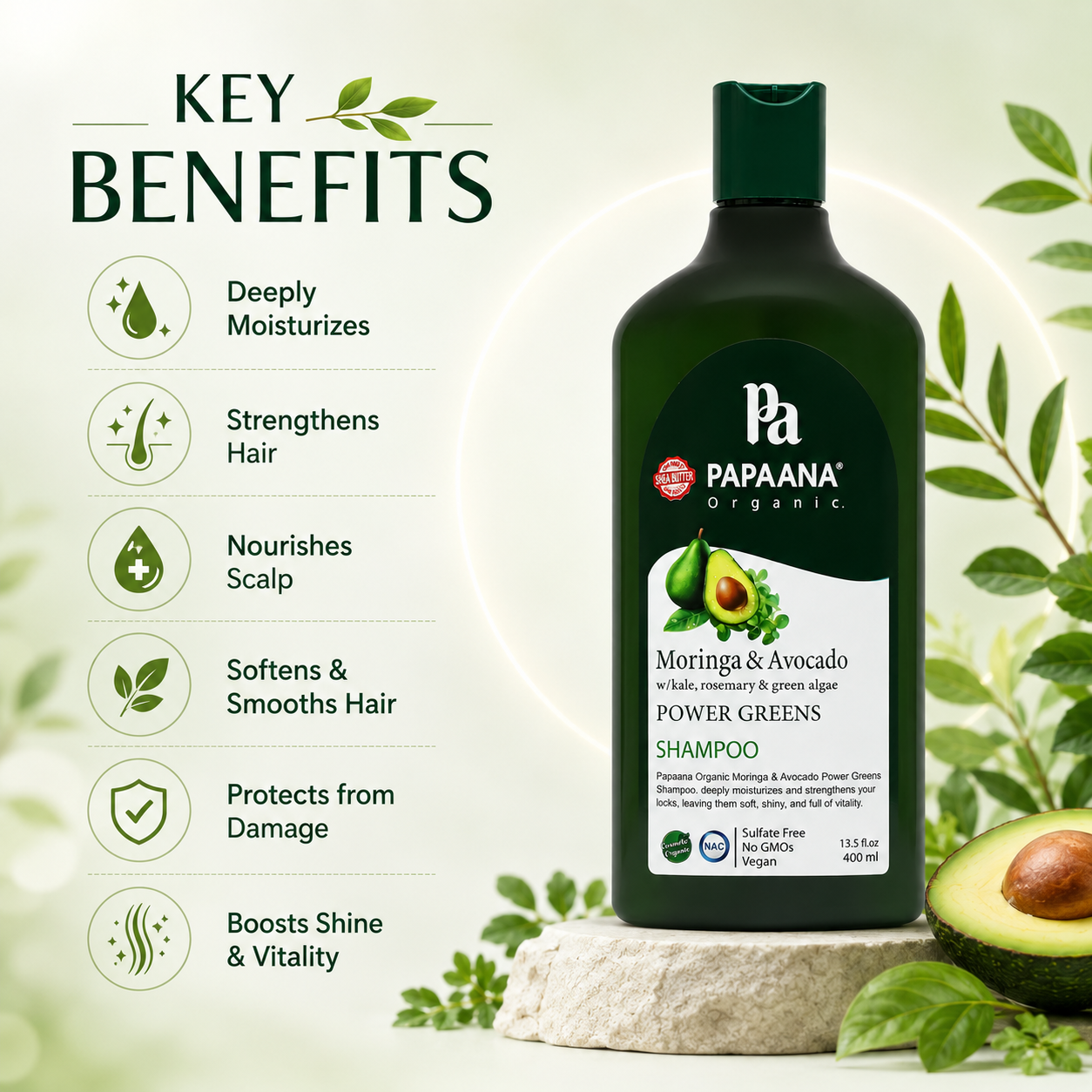 PAPAANA Organic Moringa & Avocado Power Greens Shampoo 400ml strengthening shampoo for dry, weak hair with nourishing botanical oils.