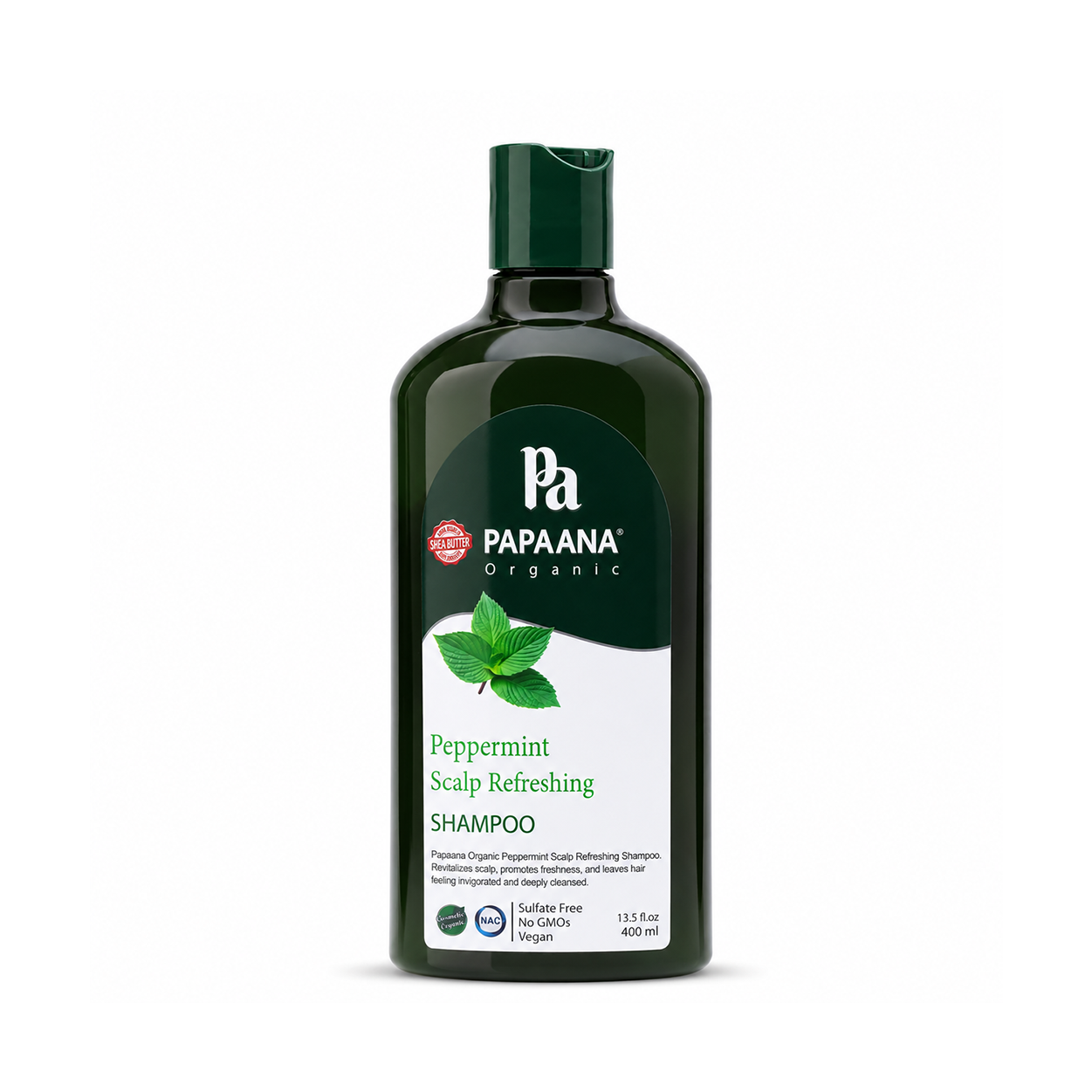 PAPAANA Organic Peppermint Scalp Refreshing Shampoo 400ml sulfate-free scalp refreshing shampoo for cleansing oily and itchy scalp concerns.