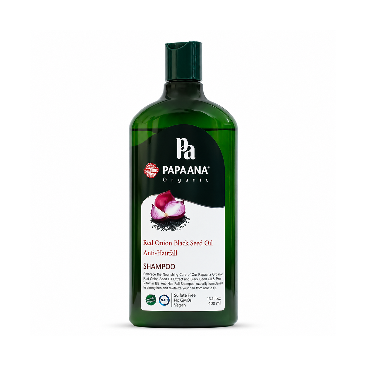 PAPAANA Organic Red Onion Black Seed Oil Anti-Hairfall Shampoo 400ml, sulfate-free shampoo that helps reduce hair fall and strengthen roots.