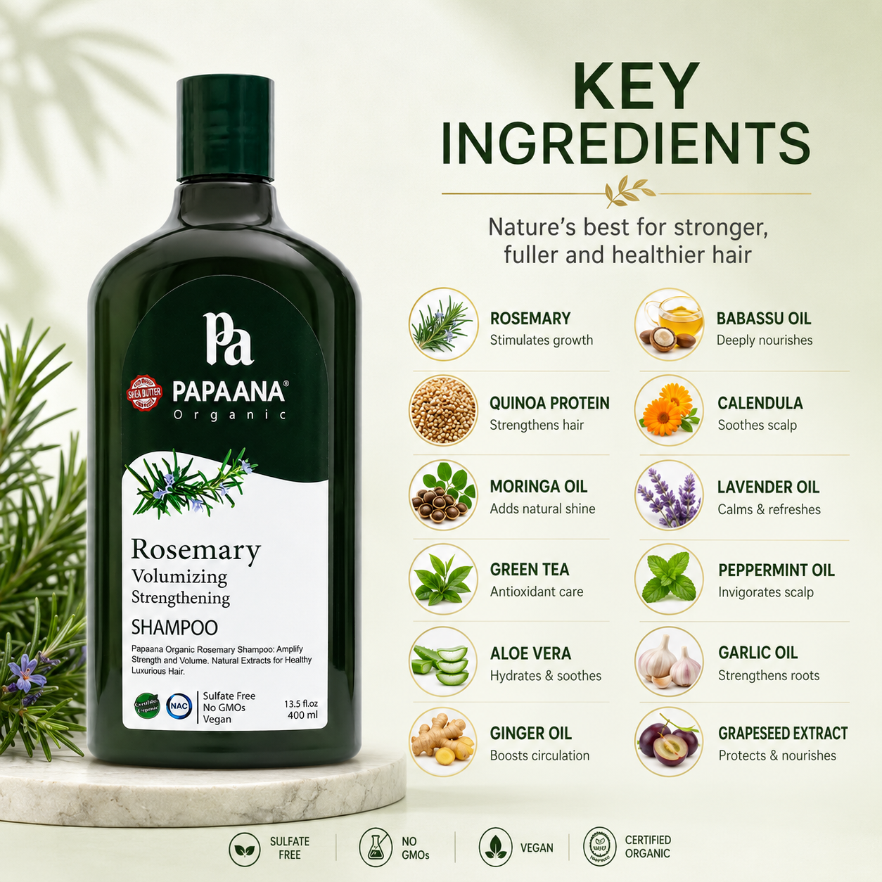 PAPAANA Organic Rosemary Volumizing Strengthening Shampoo 400ml, sulfate-free volumizing shampoo that helps strengthen weak, thin hair and improve fullness.