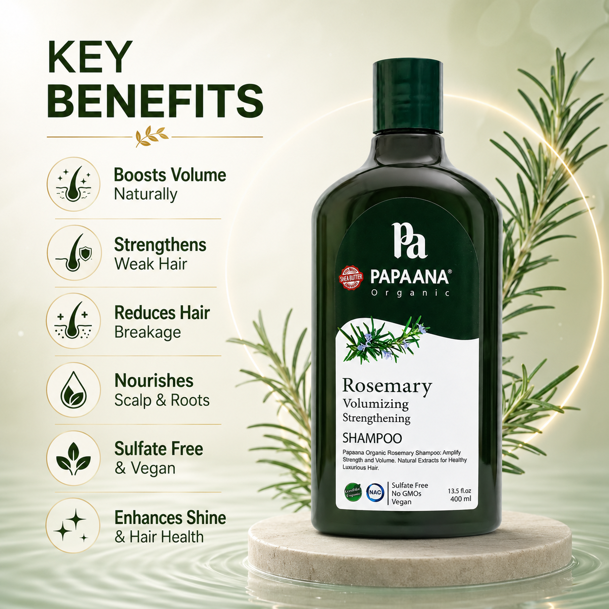 PAPAANA Organic Rosemary Volumizing Strengthening Shampoo 400ml, sulfate-free volumizing shampoo that helps strengthen weak, thin hair and improve fullness.