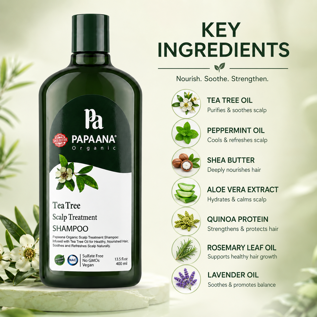 PAPAANA Organic Tea Tree Scalp Treatment Shampoo 400ml bottle, sulfate-free scalp treatment shampoo for itchy and flaky scalp care.
