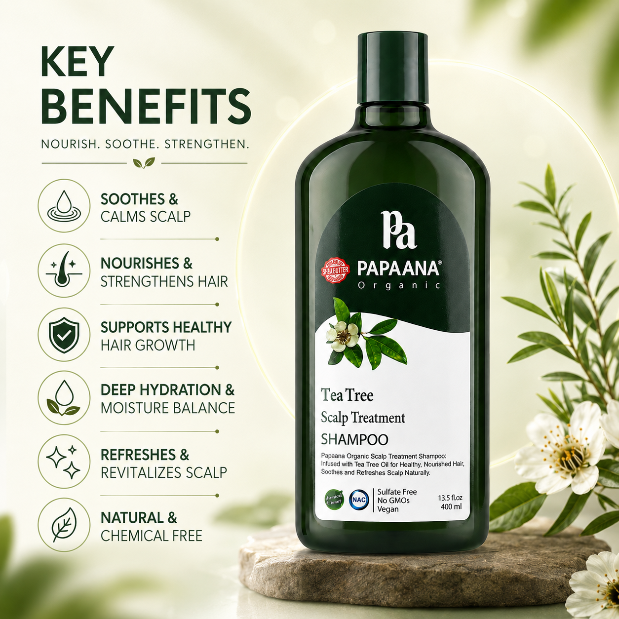 PAPAANA Organic Tea Tree Scalp Treatment Shampoo 400ml bottle, sulfate-free scalp treatment shampoo for itchy and flaky scalp care.