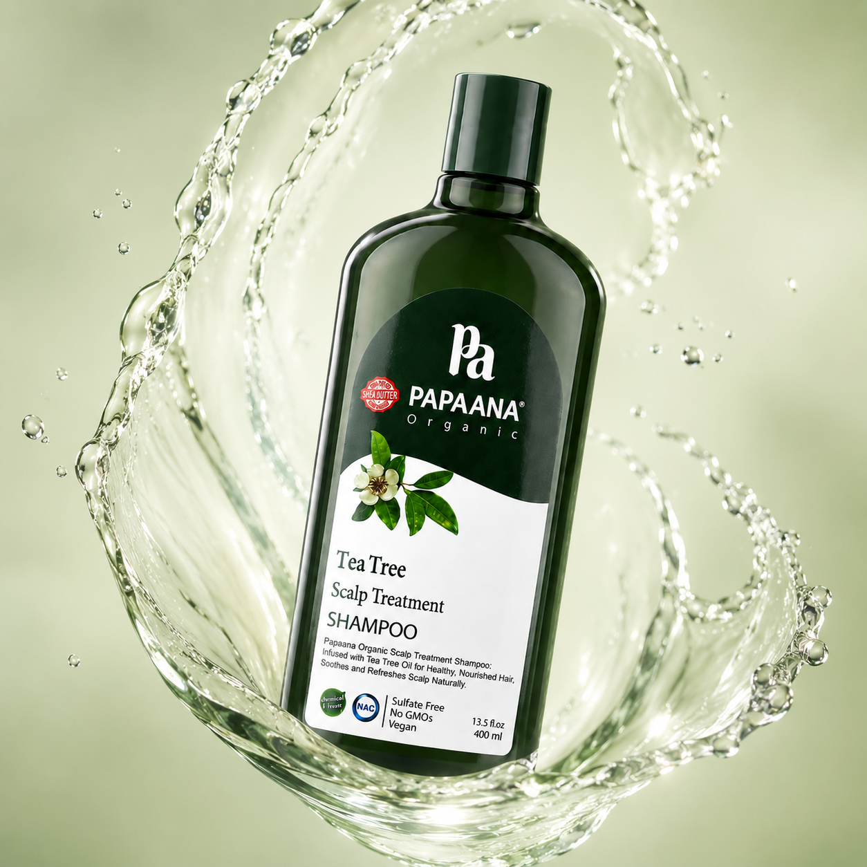 PAPAANA Organic Tea Tree Scalp Treatment Shampoo 400ml bottle, sulfate-free scalp treatment shampoo for itchy and flaky scalp care.