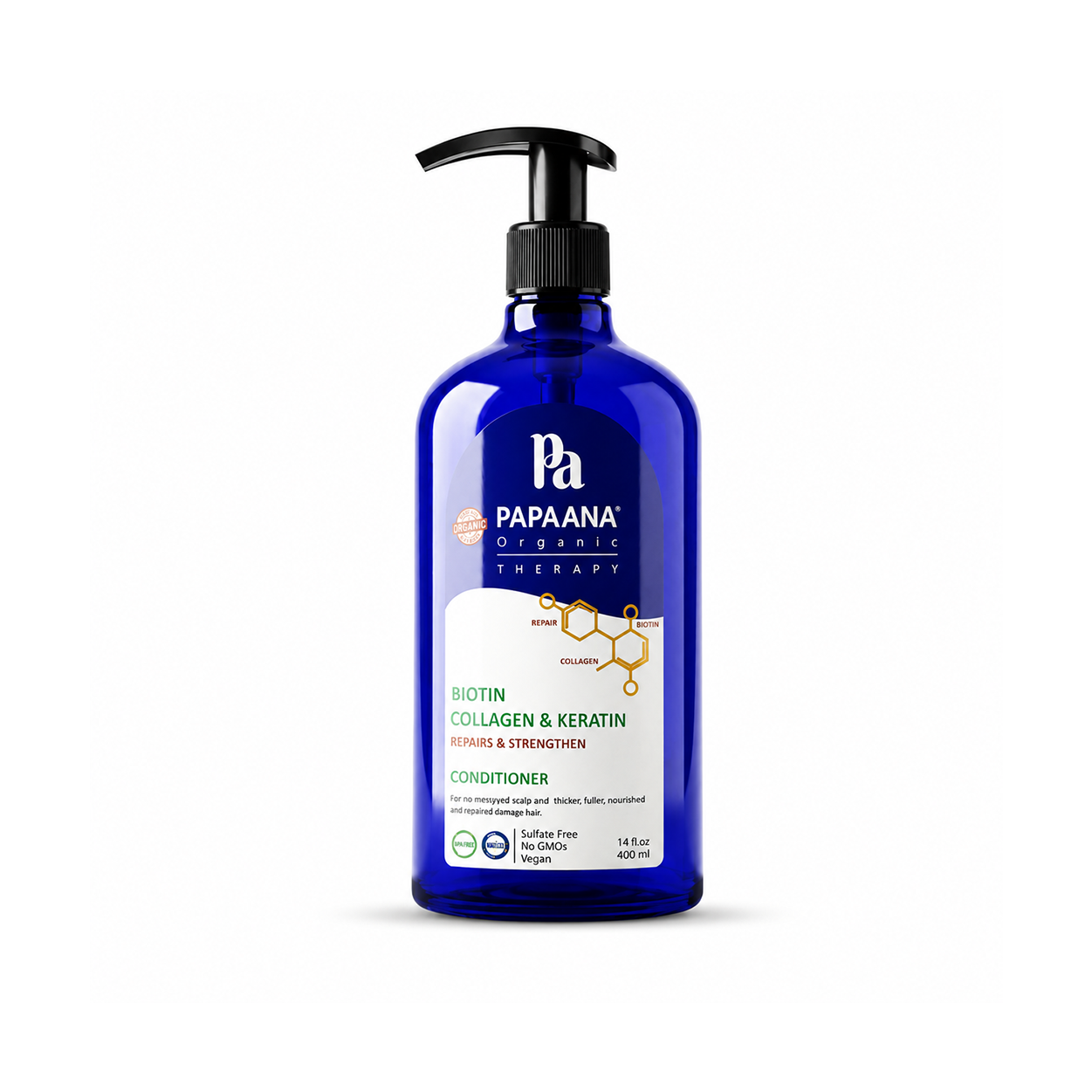 PAPAANA Organic Therapy Biotin Collagen & Keratin Strengthening Hair Conditioner 400ml for reducing hair breakage and nourishing weak hair.