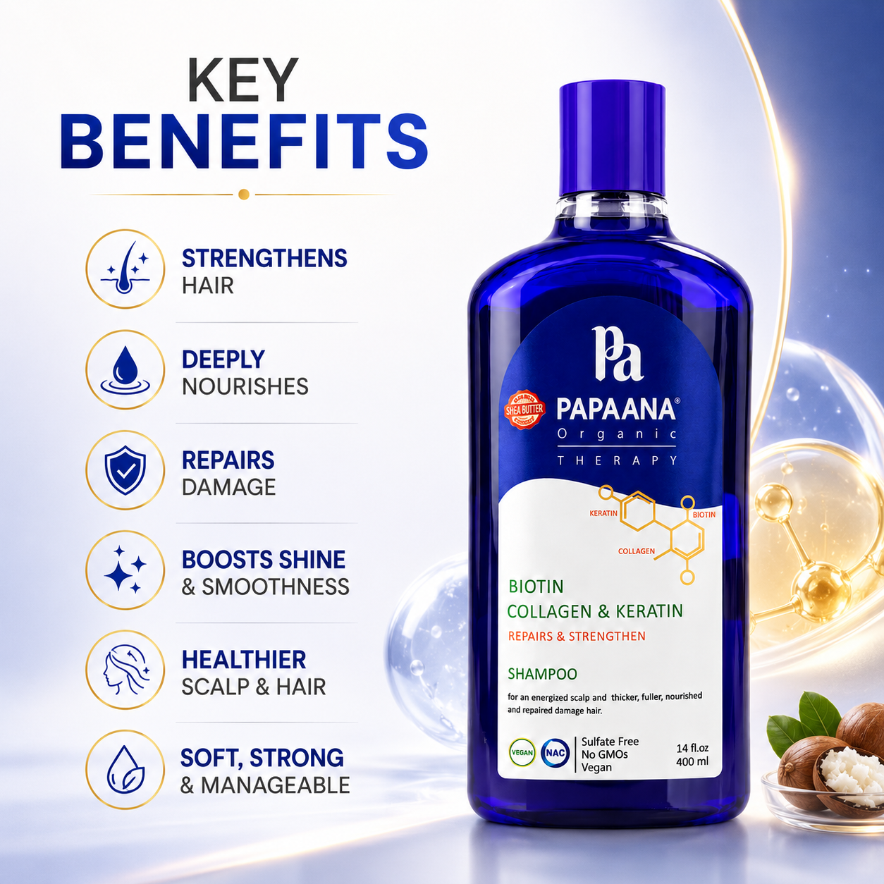 PAPAANA Organic Therapy Biotin Collagen & Keratin Shampoo 400ml hair strengthening shampoo that helps reduce breakage and support healthier hair.