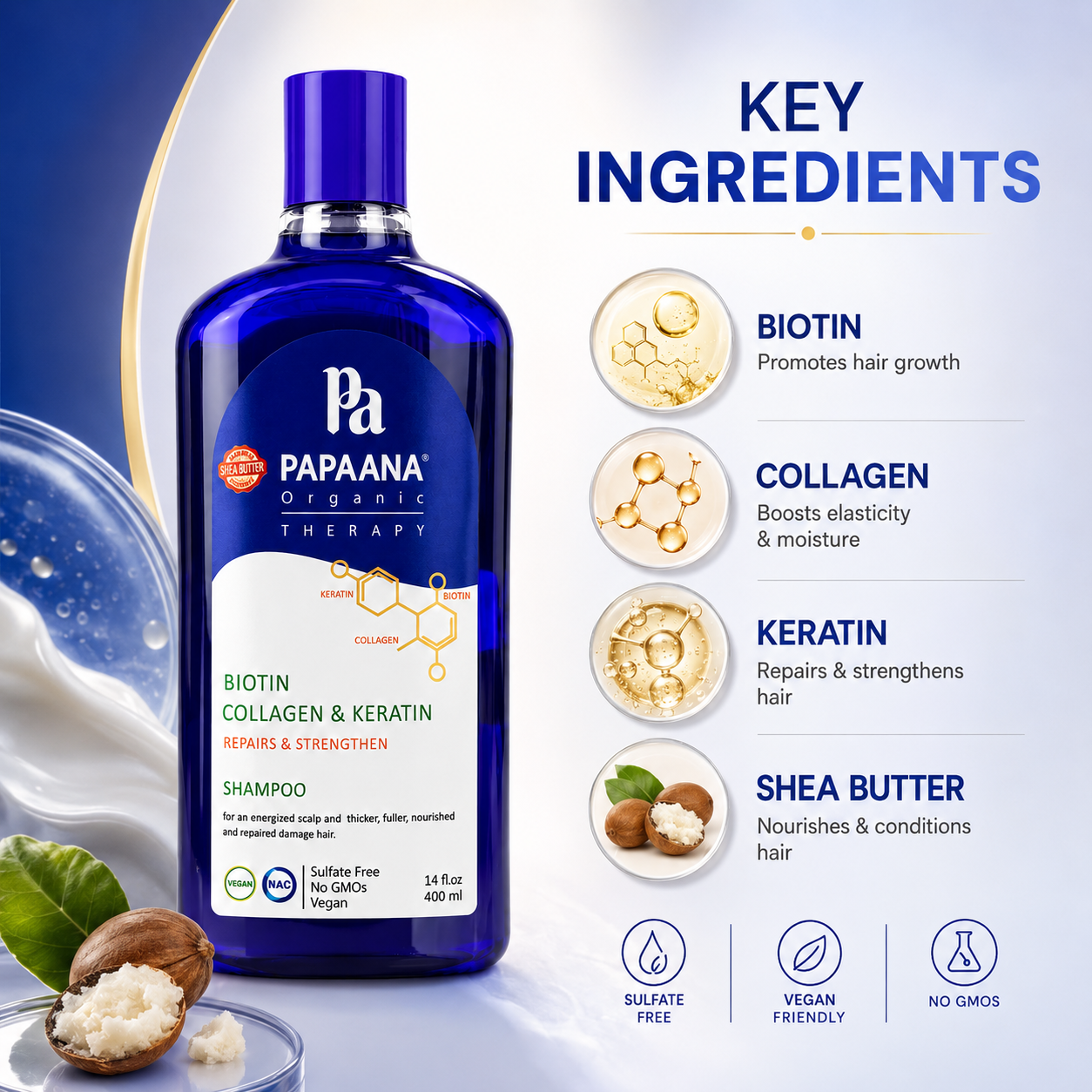 PAPAANA Organic Therapy Biotin Collagen & Keratin Shampoo 400ml hair strengthening shampoo that helps reduce breakage and support healthier hair.