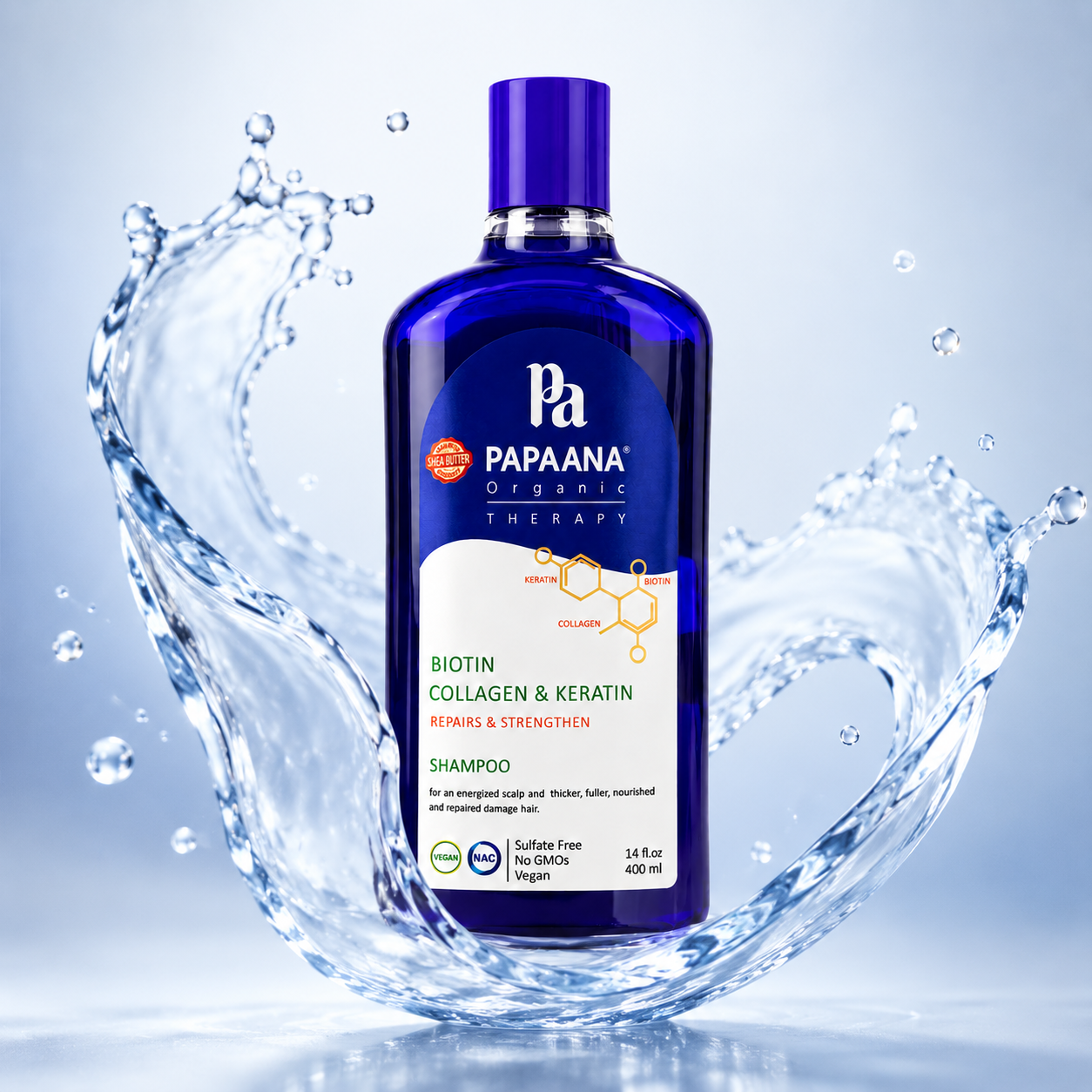 PAPAANA Organic Therapy Biotin Collagen & Keratin Shampoo 400ml hair strengthening shampoo that helps reduce breakage and support healthier hair.