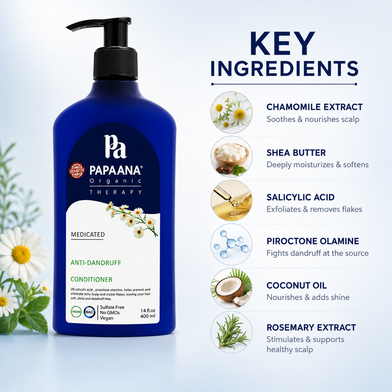 PAPAANA Organic Therapy Medicated Anti-Dandruff Conditioner 400ml with Salicylic Acid, helps reduce dandruff flakes and soothe itchy scalp.