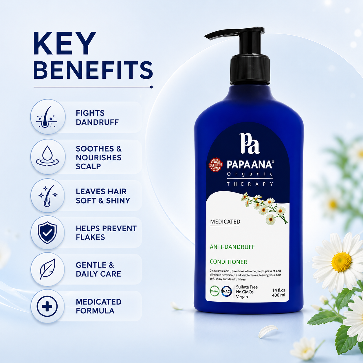 PAPAANA Organic Therapy Medicated Anti-Dandruff Conditioner 400ml with Salicylic Acid, helps reduce dandruff flakes and soothe itchy scalp.