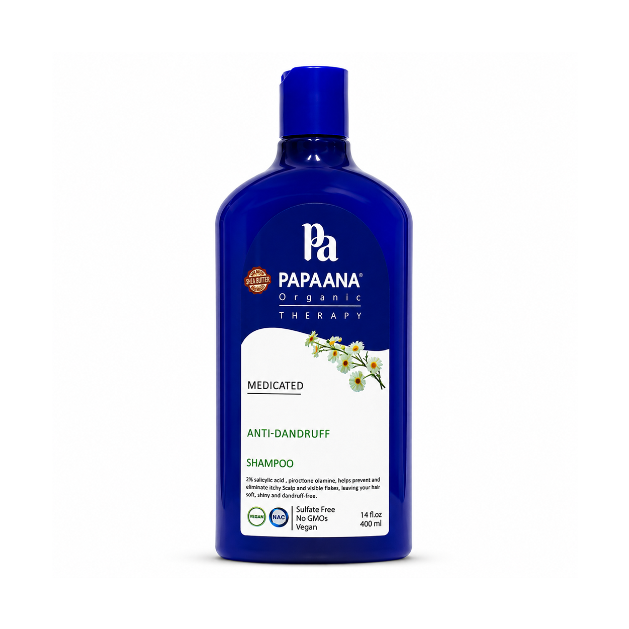 PAPAANA Organic Therapy Medicated Anti-Dandruff Shampoo 400ml bottle, sulfate-free anti-dandruff shampoo for flakes and itchy scalp relief.