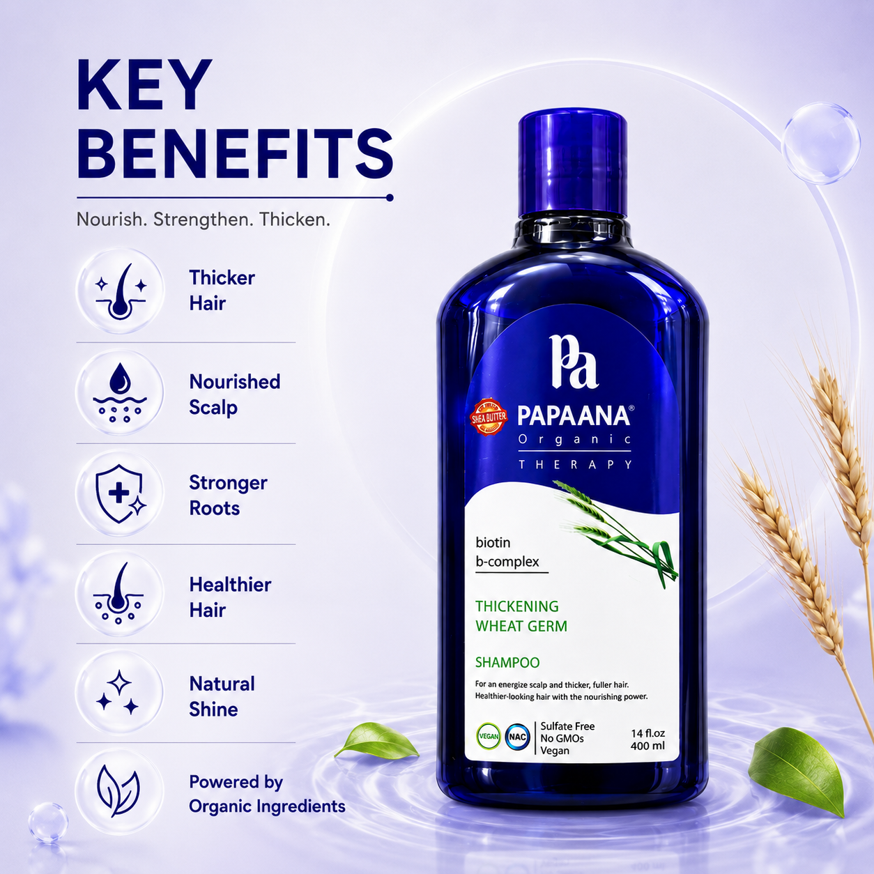 PAPAANA Organic Therapy Thickening Wheat Germ Shampoo 400ml hair thickening shampoo with biotin and wheat germ for fuller-looking hair and scalp care.