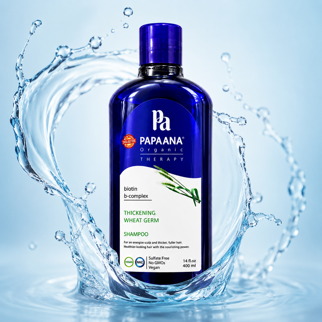 PAPAANA Organic Therapy Thickening Wheat Germ Shampoo 400ml hair thickening shampoo with biotin and wheat germ for fuller-looking hair and scalp care.