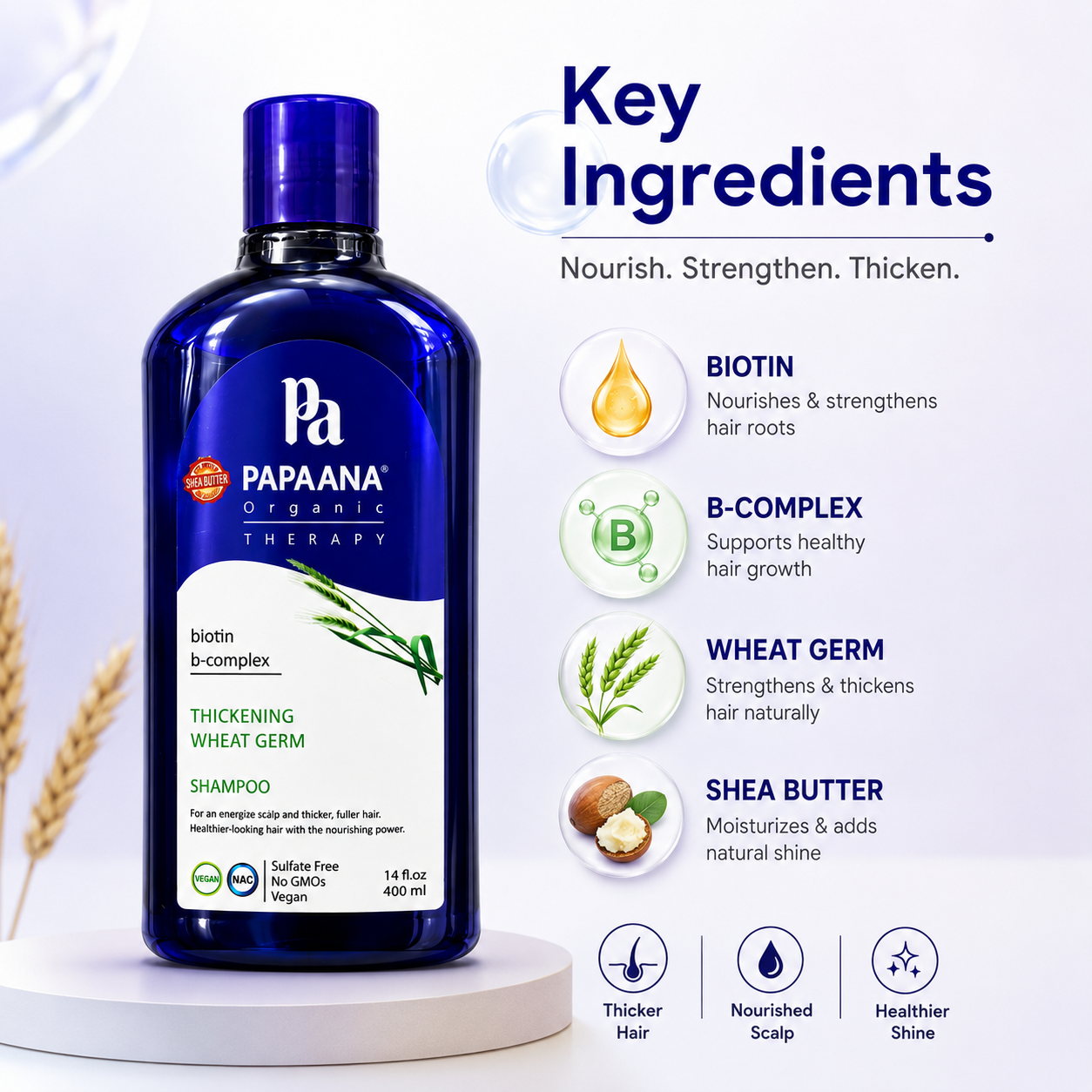 PAPAANA Organic Therapy Thickening Wheat Germ Shampoo 400ml hair thickening shampoo with biotin and wheat germ for fuller-looking hair and scalp care.