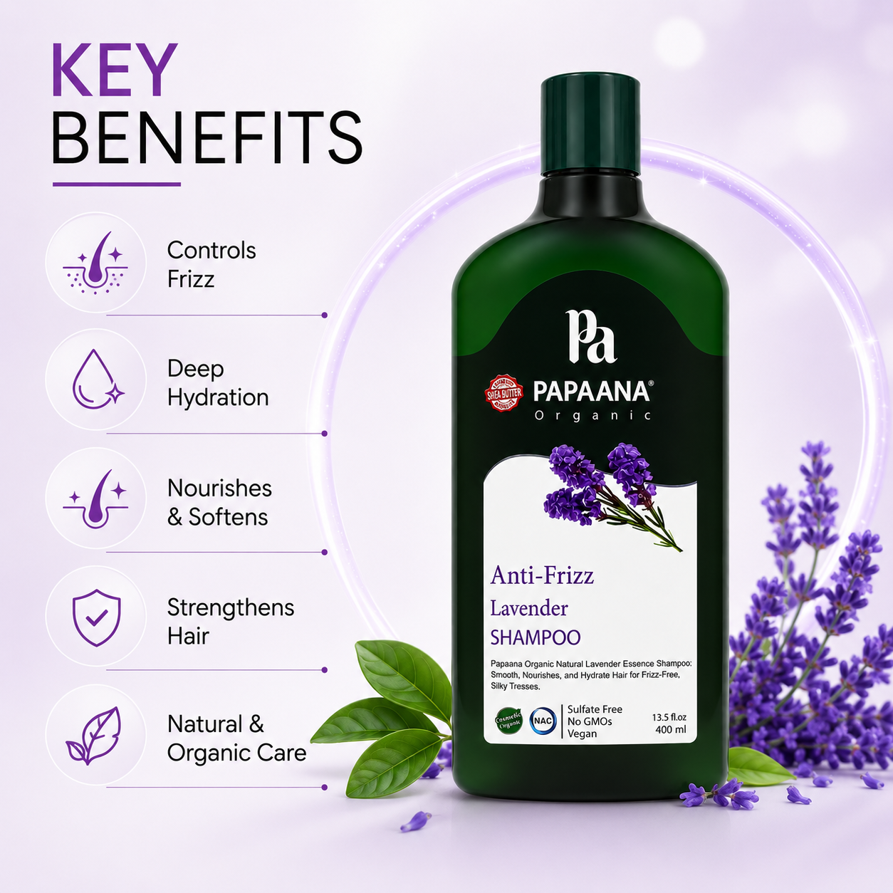 PAPAANA Organic Anti-Frizz Lavender Shampoo 400ml sulfate-free shampoo for frizzy hair, helping smooth, soften and nourish hair.