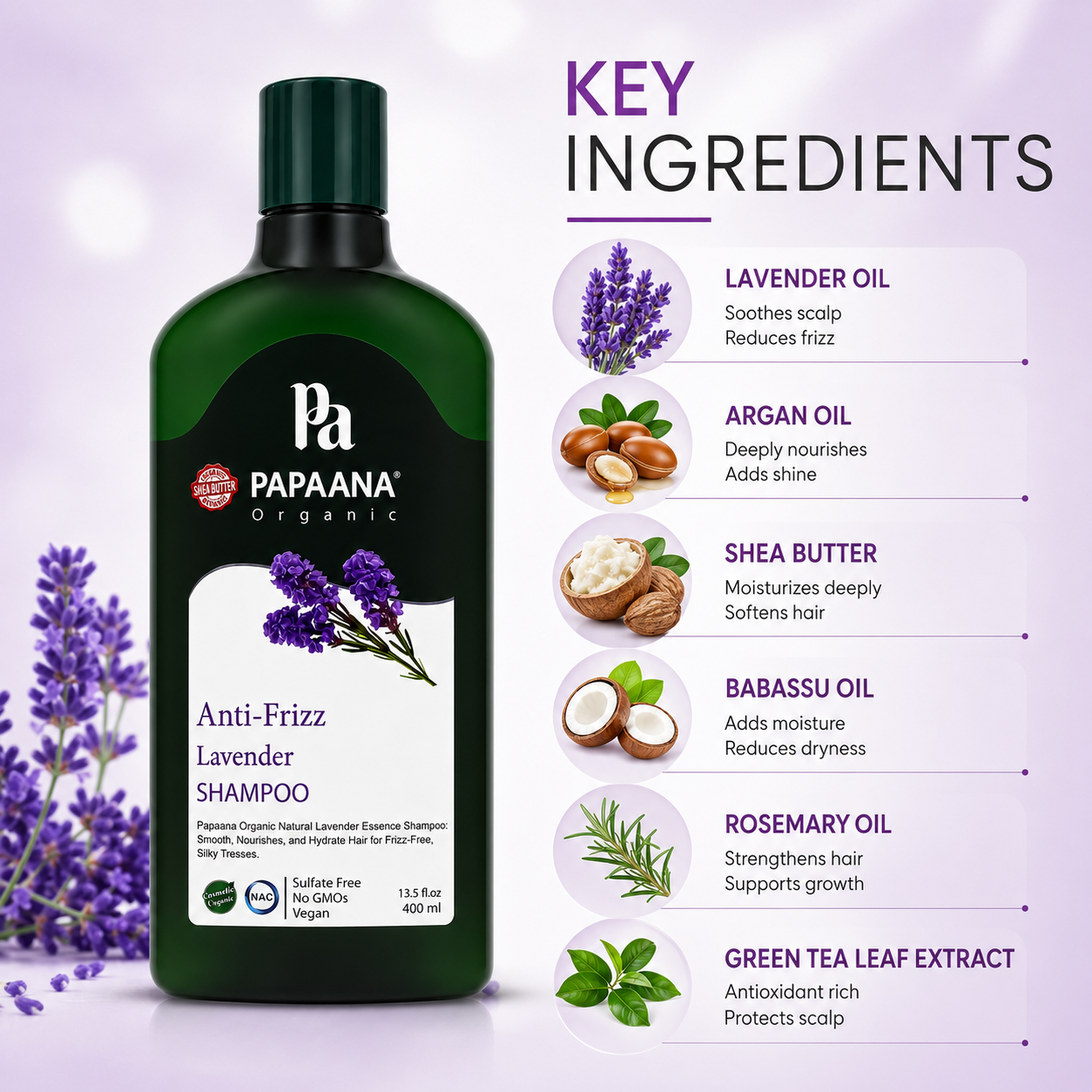PAPAANA Organic Anti-Frizz Lavender Shampoo 400ml sulfate-free shampoo for frizzy hair, helping smooth, soften and nourish hair.