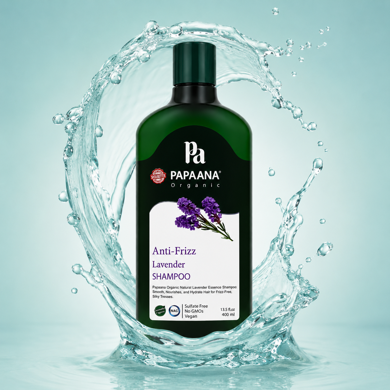 PAPAANA Organic Anti-Frizz Lavender Shampoo 400ml sulfate-free shampoo for frizzy hair, helping smooth, soften and nourish hair.