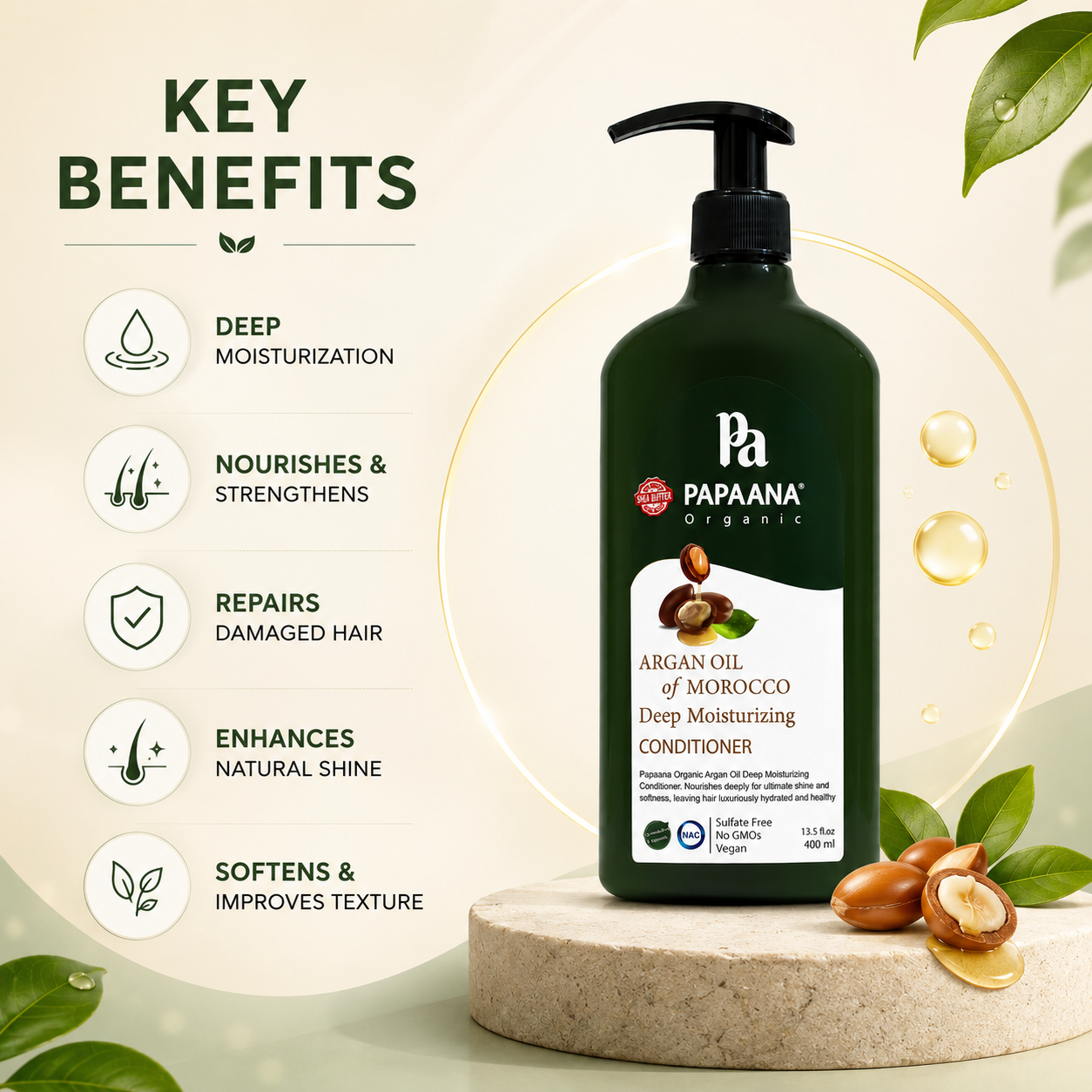 PAPAANA Organic Argan Oil Of Morocco Deep Moisturizing Conditioner 400ml, sulfate-free conditioner for soft, hydrated hair and frizz control.