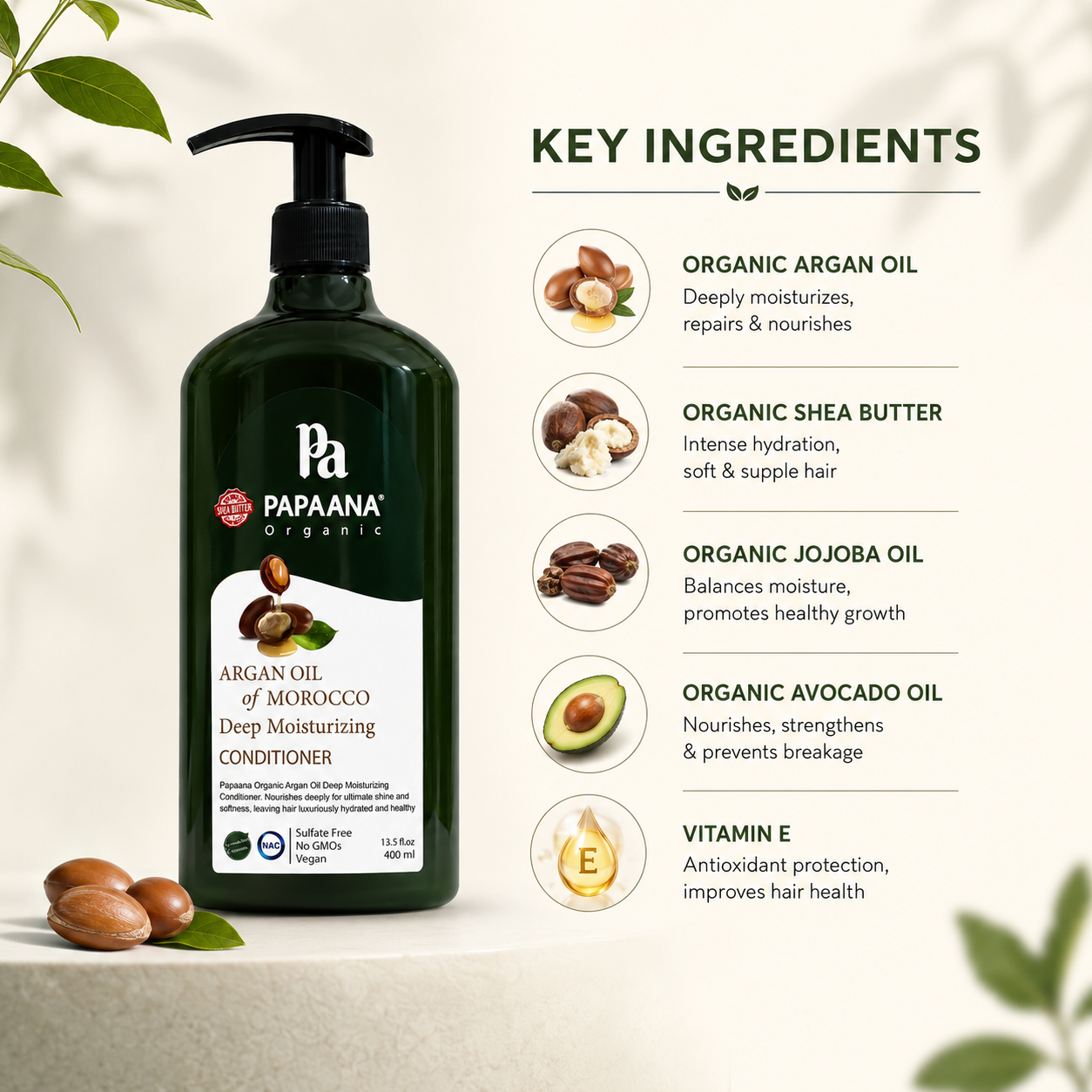 PAPAANA Organic Argan Oil Of Morocco Deep Moisturizing Conditioner 400ml, sulfate-free conditioner for soft, hydrated hair and frizz control.