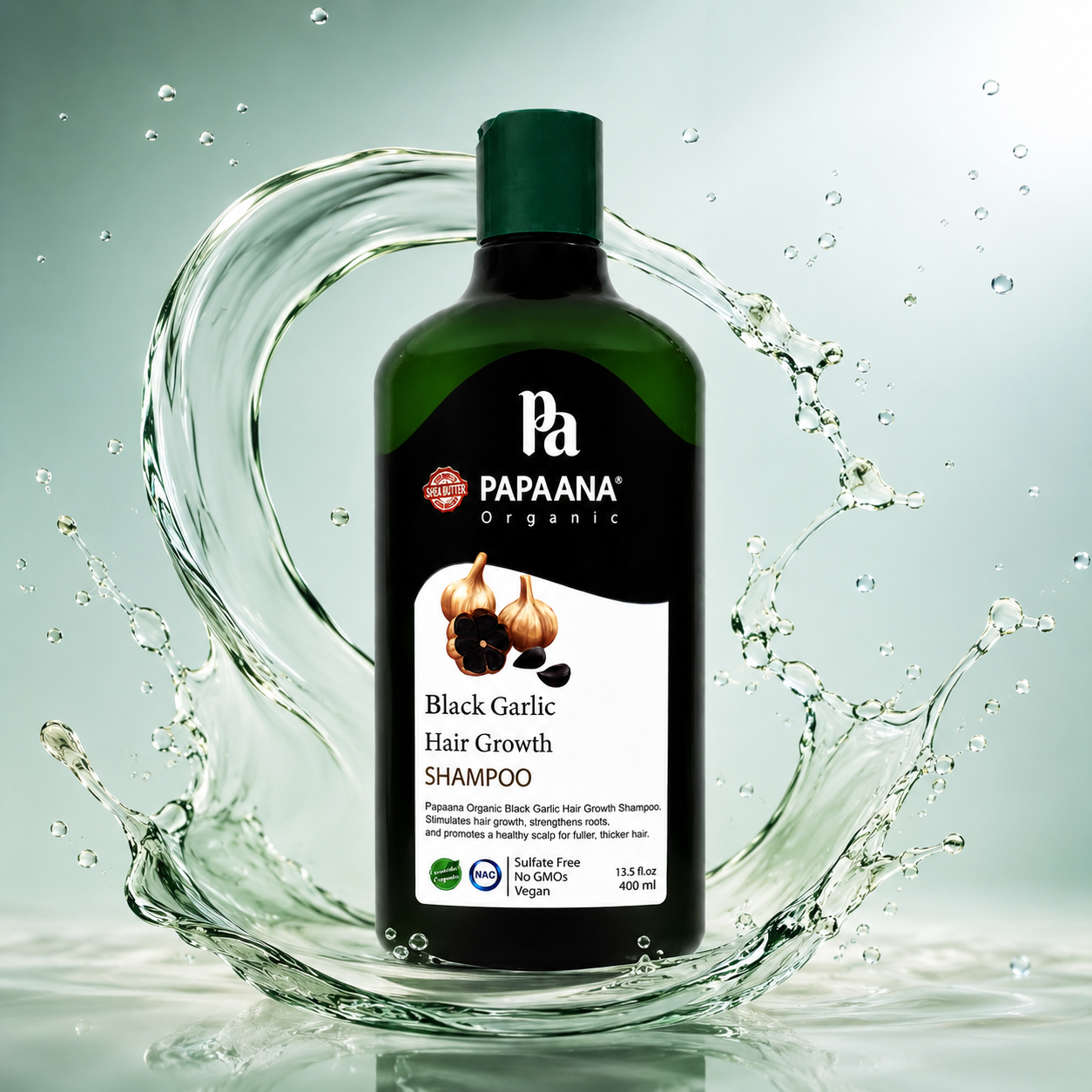 PAPAANA Organic Black Garlic Hair Growth Shampoo 400ml sulfate-free hair growth shampoo that helps strengthen roots and support thicker-looking hair.