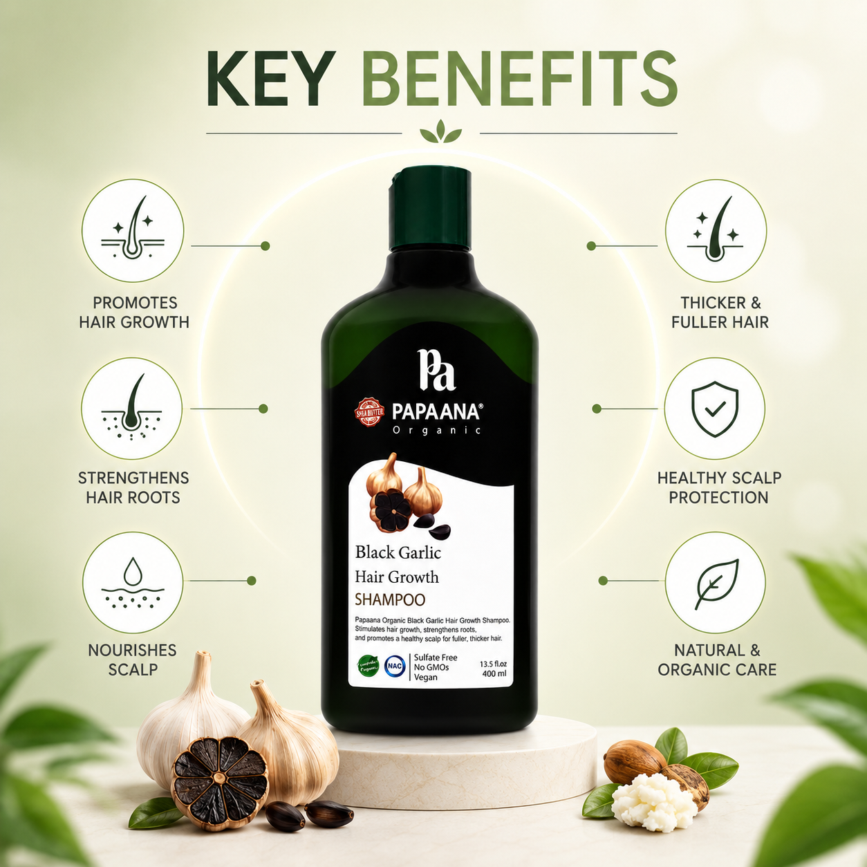 PAPAANA Organic Black Garlic Hair Growth Shampoo 400ml sulfate-free hair growth shampoo that helps strengthen roots and support thicker-looking hair.