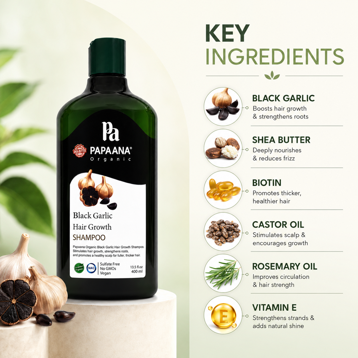 PAPAANA Organic Black Garlic Hair Growth Shampoo 400ml sulfate-free hair growth shampoo that helps strengthen roots and support thicker-looking hair.