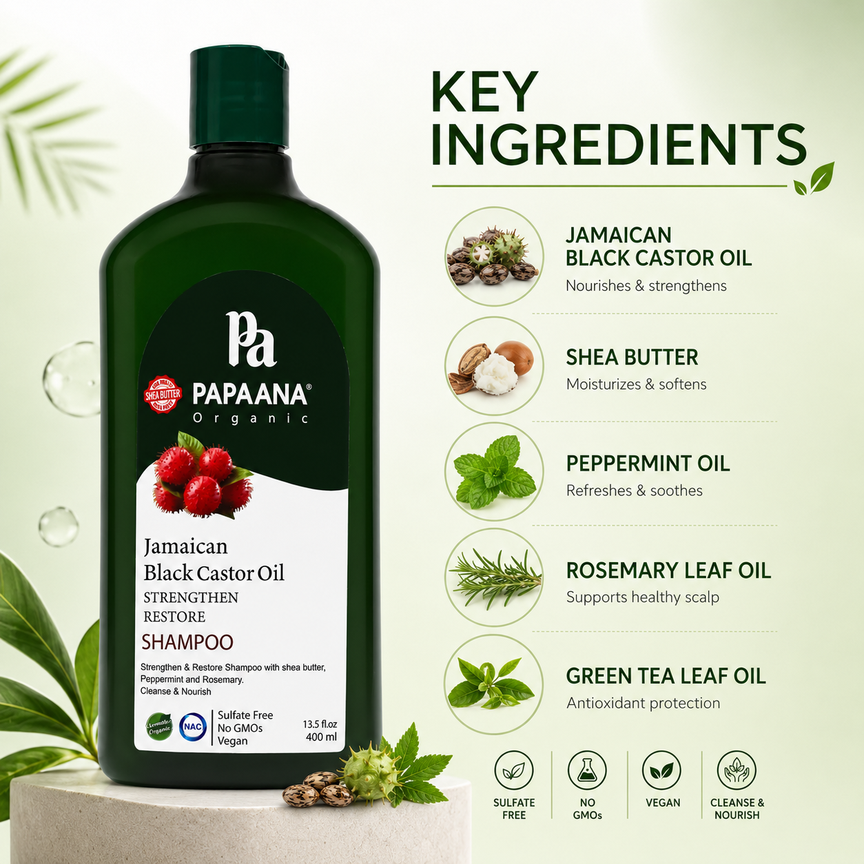 PAPAANA Organic Jamaican Black Castor Oil Strengthen & Restore Shampoo 400ml strengthening shampoo for weak and damaged hair