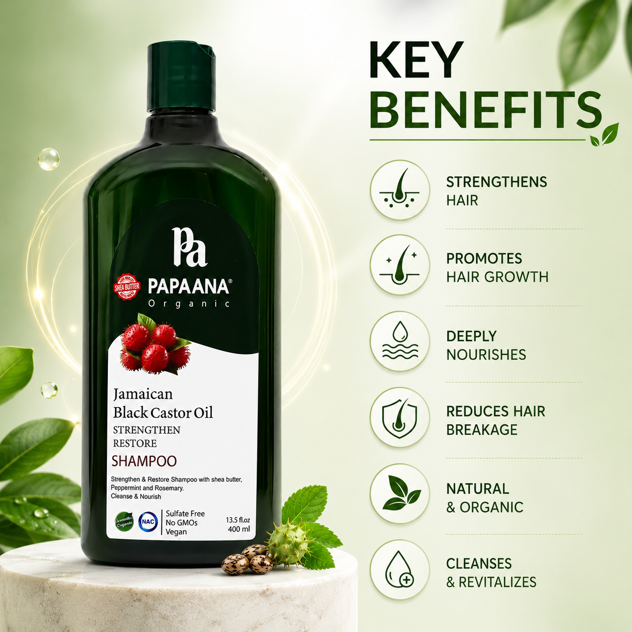 PAPAANA Organic Jamaican Black Castor Oil Strengthen & Restore Shampoo 400ml strengthening shampoo for weak and damaged hair