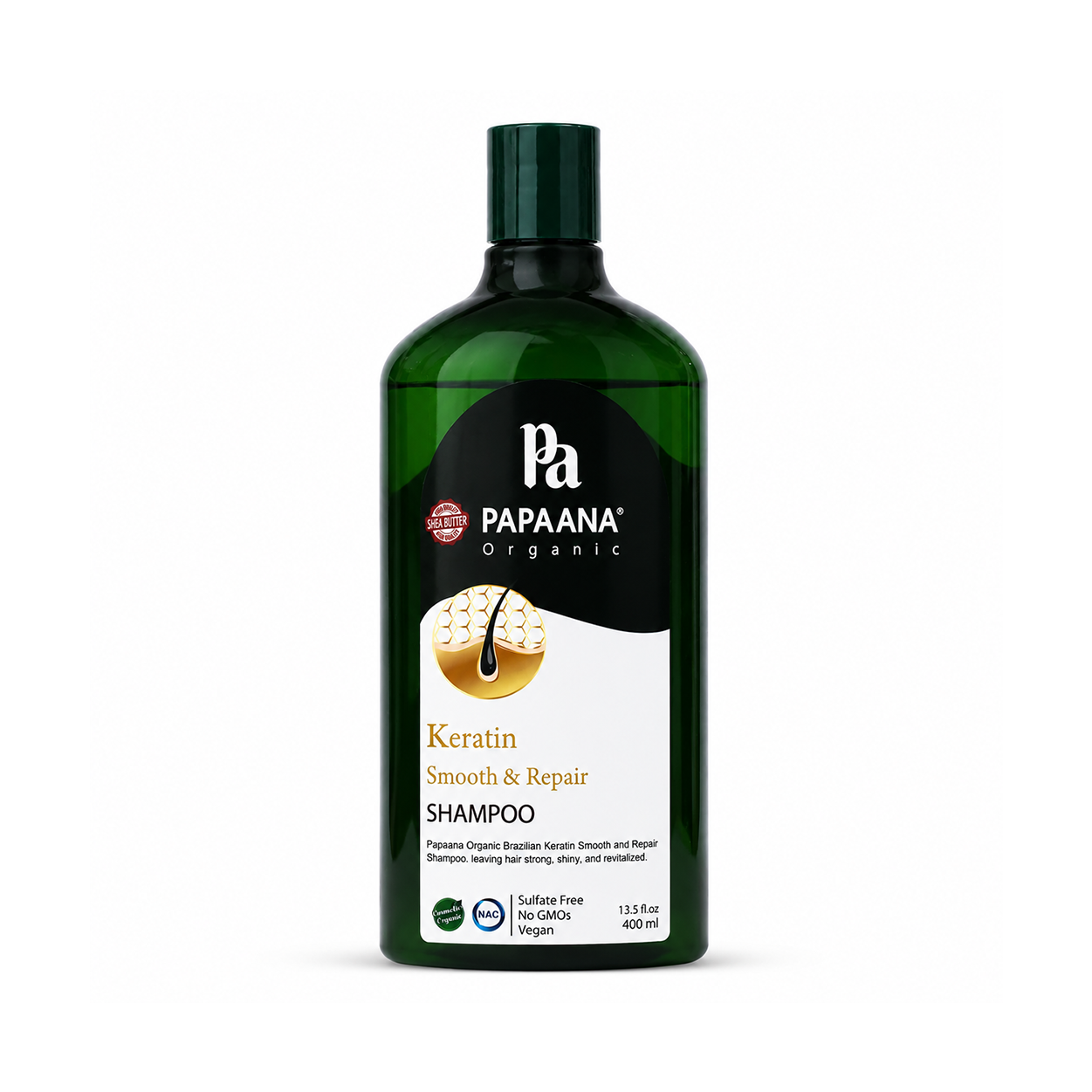 PAPAANA Organic Keratin Smooth & Repair Shampoo 400ml keratin repair shampoo for damaged frizzy hair with smoothing and strengthening benefits.