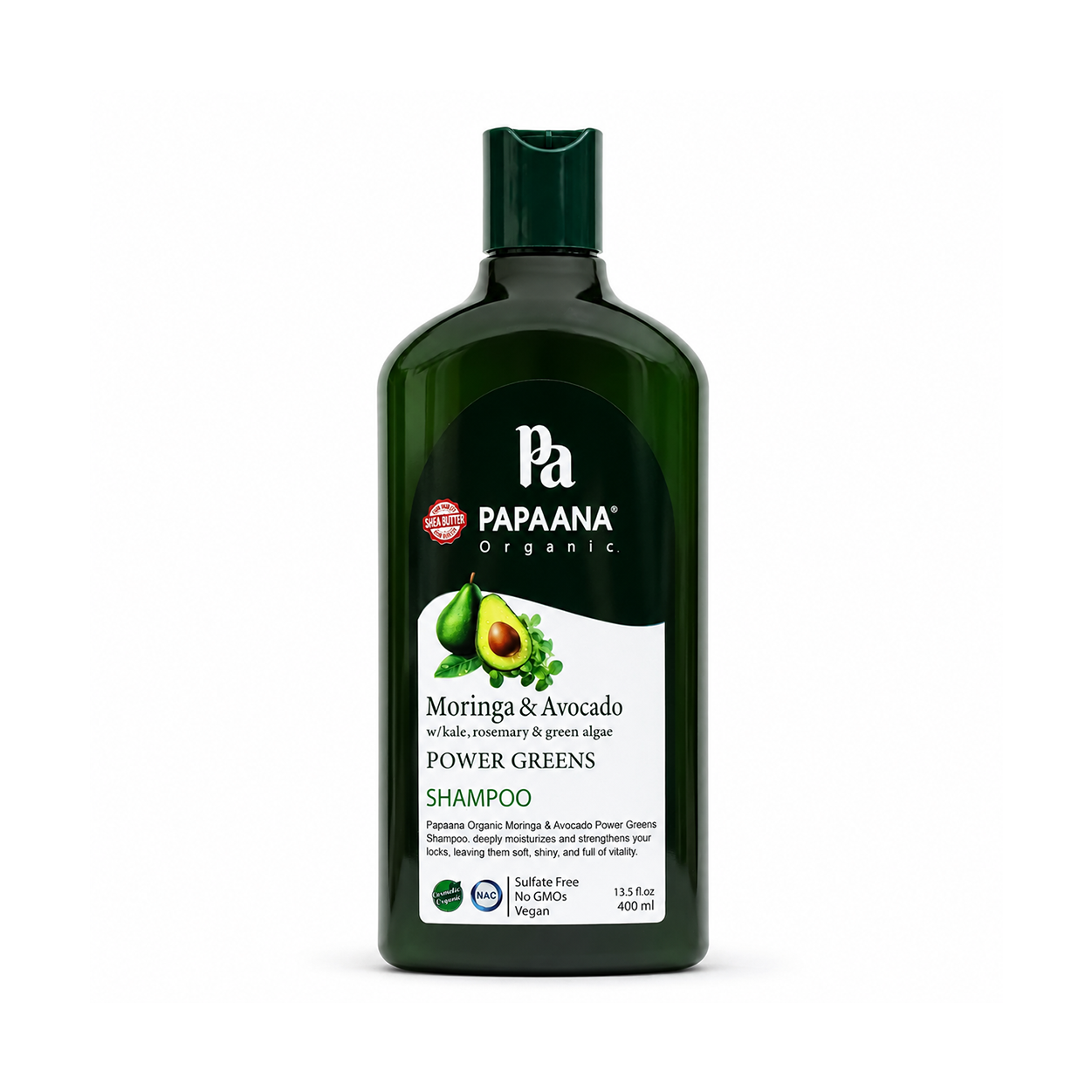 PAPAANA Organic Moringa & Avocado Power Greens Shampoo 400ml strengthening shampoo for dry, weak hair with nourishing botanical oils.