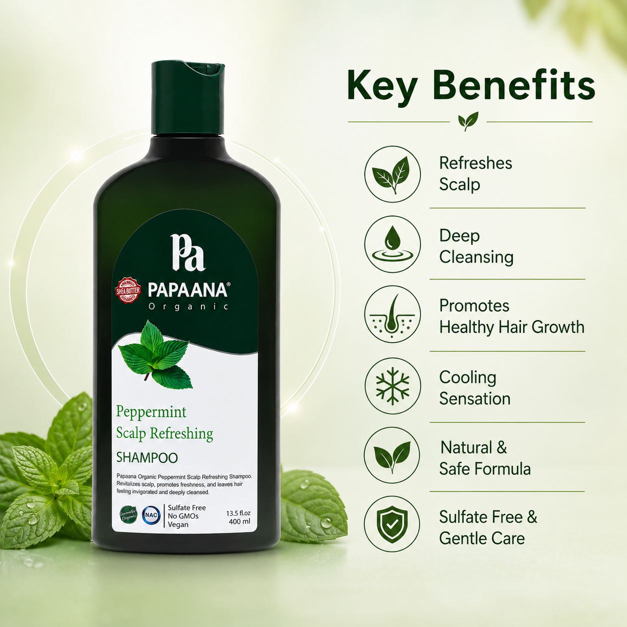 PAPAANA Organic Peppermint Scalp Refreshing Shampoo 400ml sulfate-free scalp refreshing shampoo for cleansing oily and itchy scalp concerns.