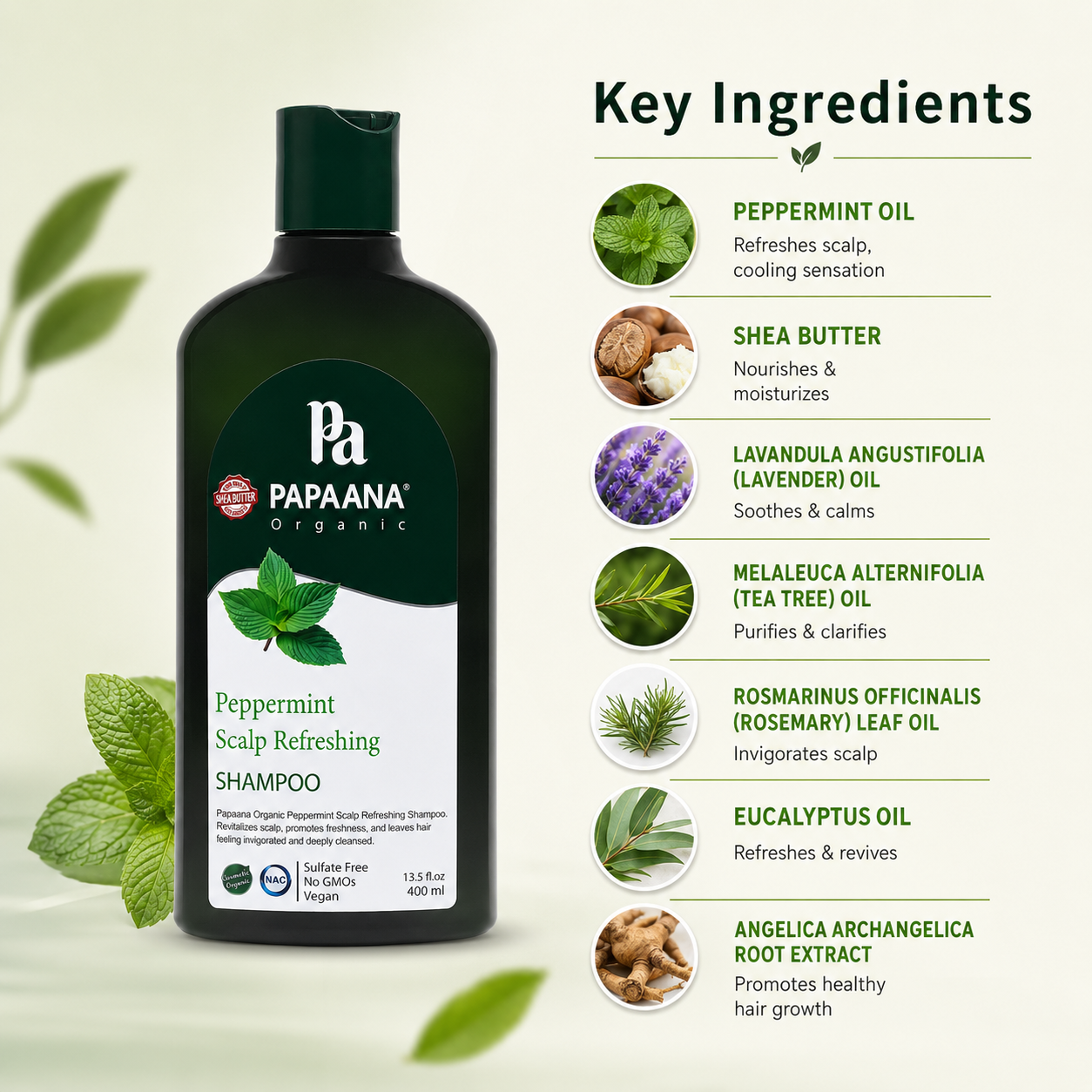 PAPAANA Organic Peppermint Scalp Refreshing Shampoo 400ml sulfate-free scalp refreshing shampoo for cleansing oily and itchy scalp concerns.