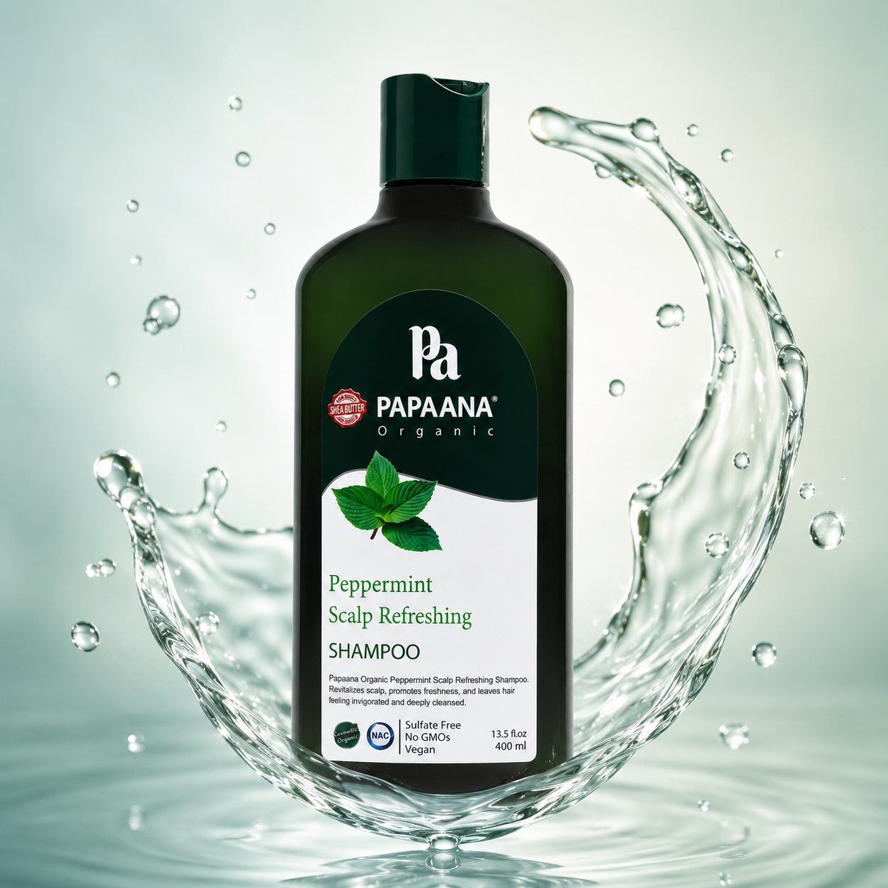 PAPAANA Organic Peppermint Scalp Refreshing Shampoo 400ml sulfate-free scalp refreshing shampoo for cleansing oily and itchy scalp concerns.