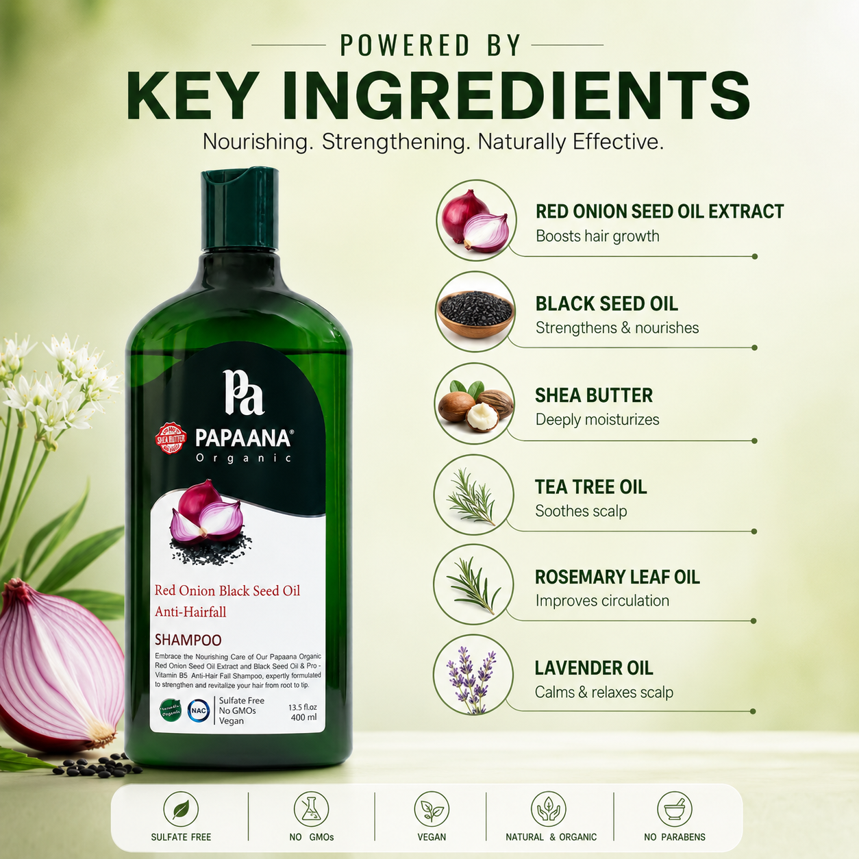 PAPAANA Organic Red Onion Black Seed Oil Anti-Hairfall Shampoo 400ml, sulfate-free shampoo that helps reduce hair fall and strengthen roots.