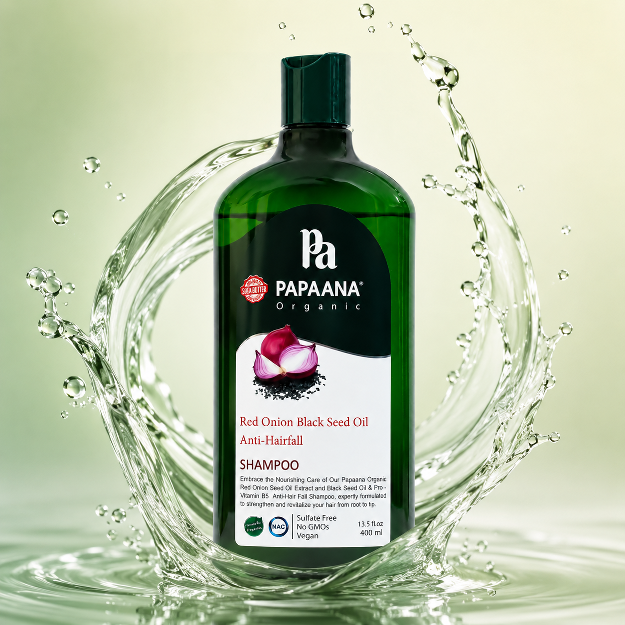 PAPAANA Organic Red Onion Black Seed Oil Anti-Hairfall Shampoo 400ml, sulfate-free shampoo that helps reduce hair fall and strengthen roots.